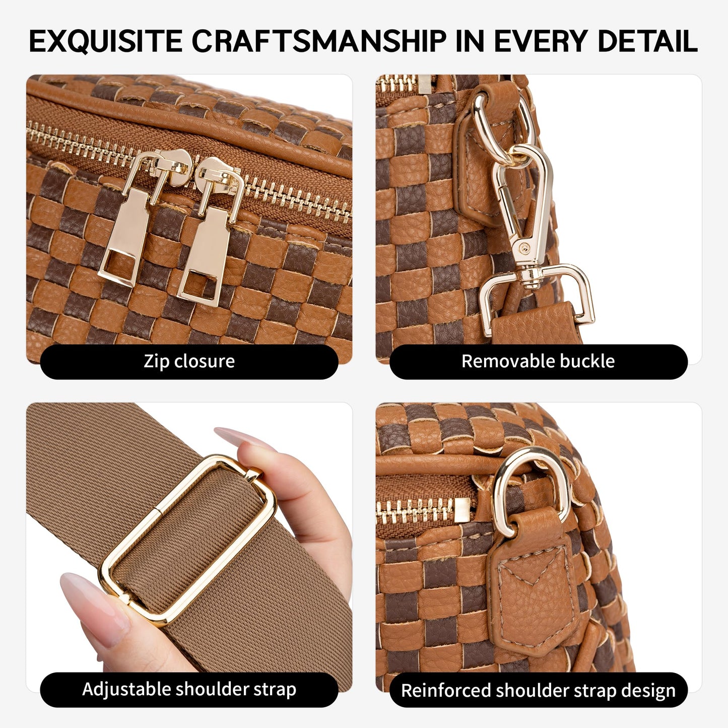 FODOKO Woven Crossbody Bag for Women Woven pu Leather Bum Bags Checkered Cross body purse with zipper Adjustable straps(Checkered Coffee brown