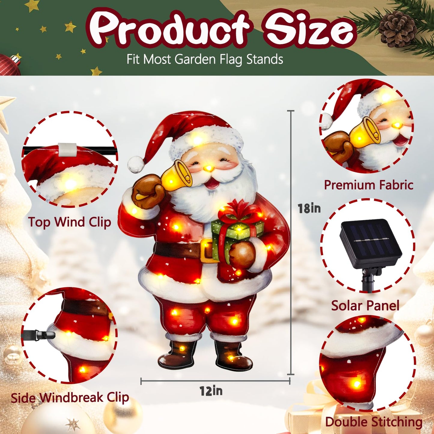 Lighted Christmas Garden Flag12x18, 8 Modes Double Sided Solar Christmas Decorations Outdoor LED Navidad Flag, Yard Decorations for Xmas Patio Lawn Porch