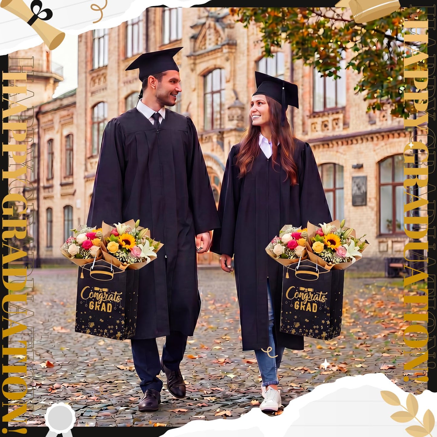 Geyoga 24 Pcs Graduation Gift Bags Bulk with Handles Class of 2026 Congrats Grad Party Favor Paper Bags Black and Gold Treat Goodie Bag for College High School University Gift Wrapping Supplies
