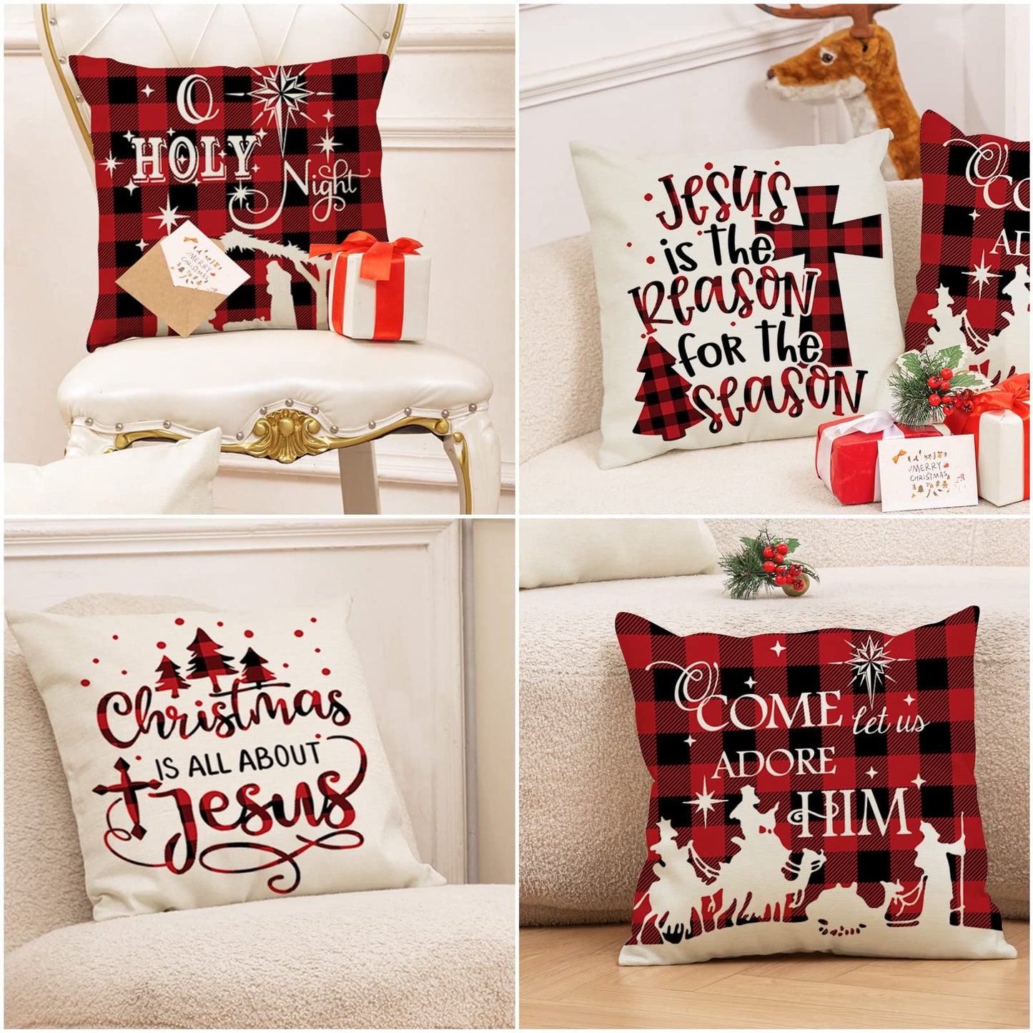 AnyDesign Christmas Pillow Cover 18 x 18 Inch Red Black Buffalo Check Plaids Holy Night Throw Pillow Case Decorative Cushion Cover Case for Farmhouse Home Couch Sofa, Set of 4
