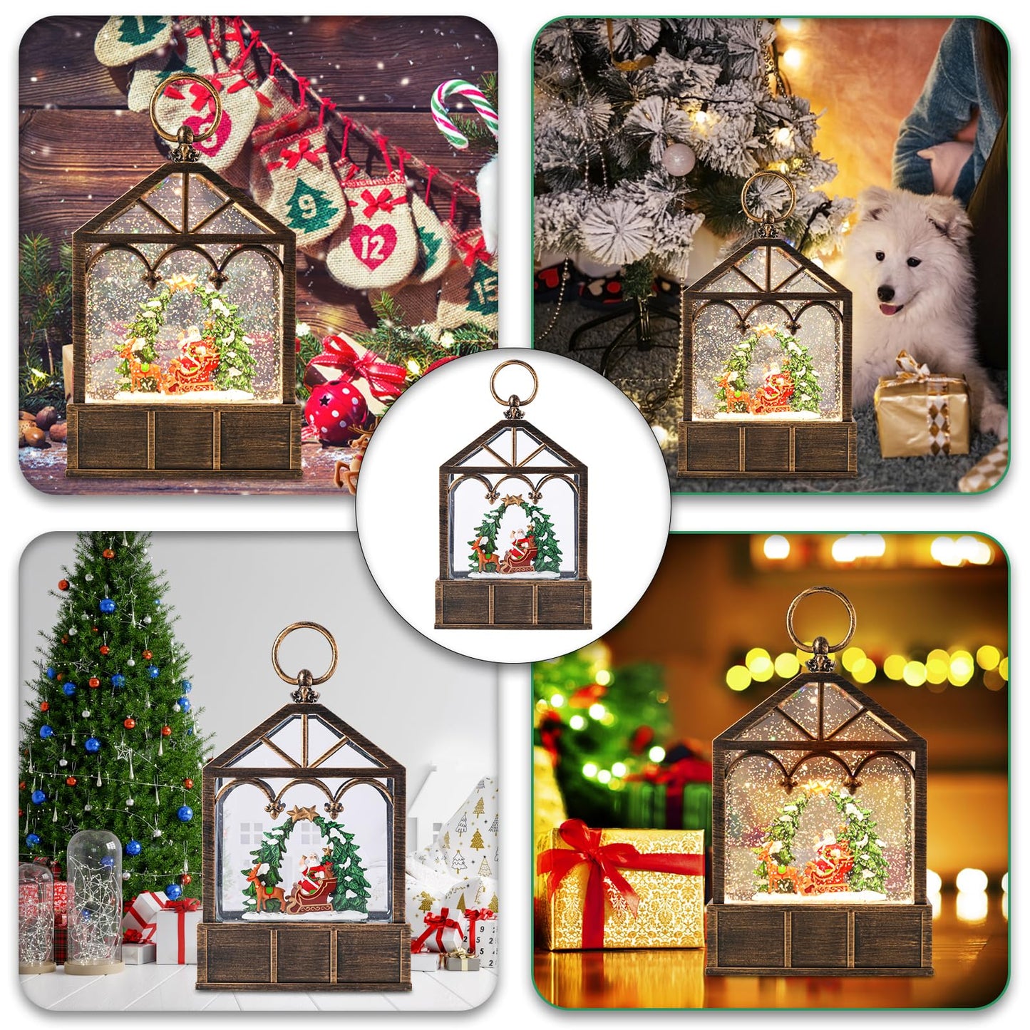 Christmas Snow Globes Musical Lantern Snow Globe Santa Clause Reindeer Sleigh Water Snow Globe Glittering Portable Hanging Tabletop Decorative Lantern Christmas Home Décor