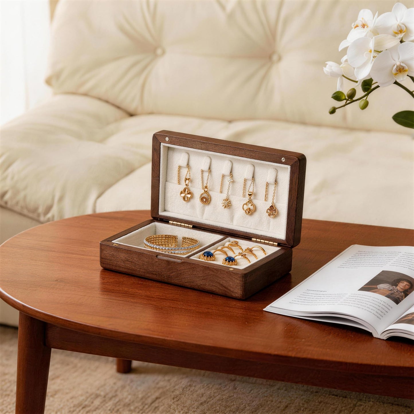 Hapkumn Black Walnut Solid Wooden Jewelry Box, Small Portable Travel Jewelry Organizer Storage Case, Wood Jewelry Holder for Necklace Ring Earrings Bracelet Watch, Gift for Women, Mom, Girls.