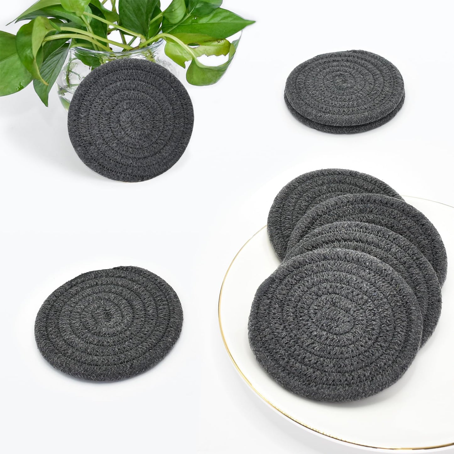ABenkle 8 Pcs Drink Coasters with Holder, Cotton Woven Absorbent Coasters for Drinks, Minimalist Home Decor Coaster Set for Wooden Tabletop Protection Table, 4.3 inches Grey