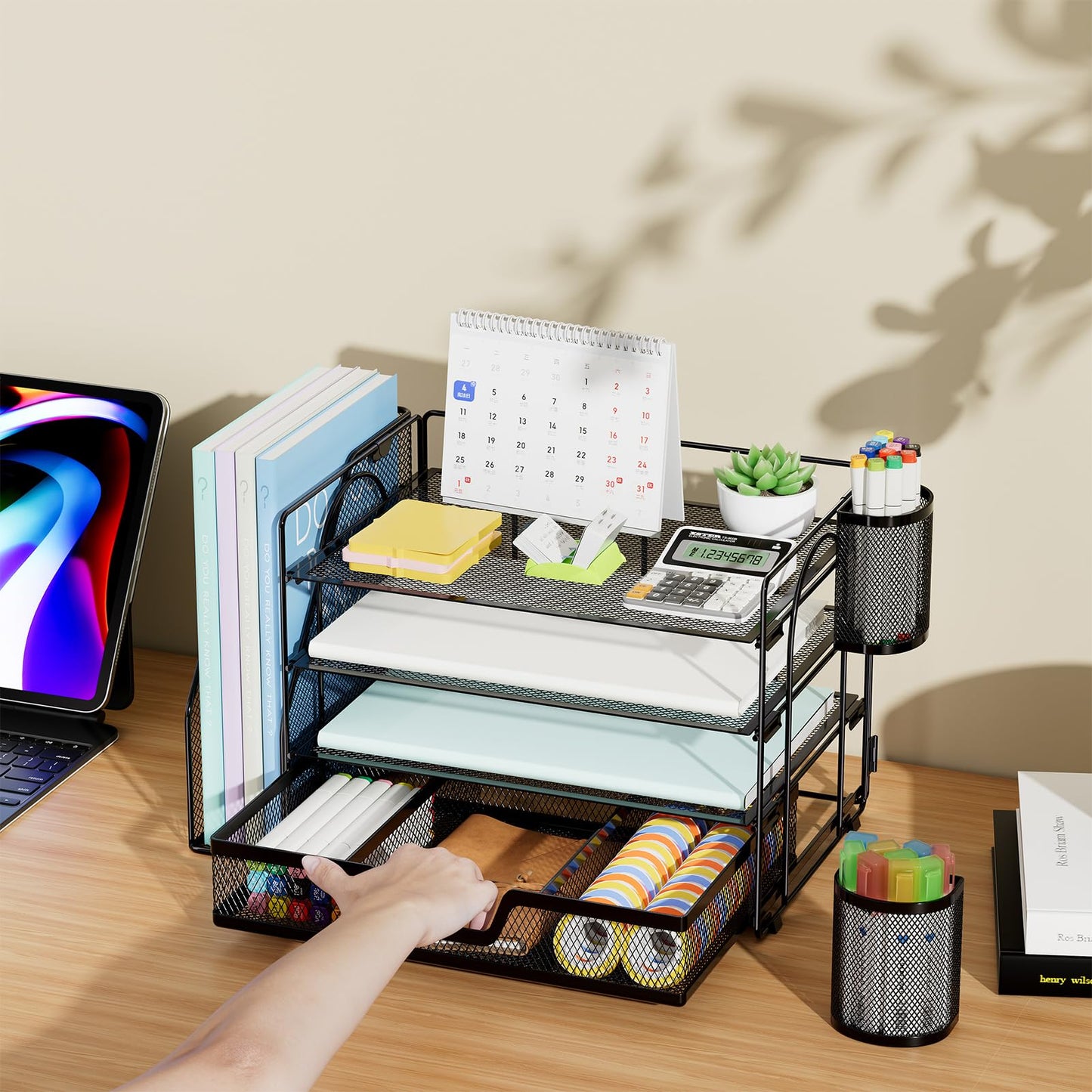 Marbrasse Desk Organizer and Accessories,4-Tier Paper Letter Tray Organizer with File Holder, Desk Accessories & Workspace Organizers with Drawer and 2 Pen Holder (Black, 15.4" x 9.1" x 8.3")