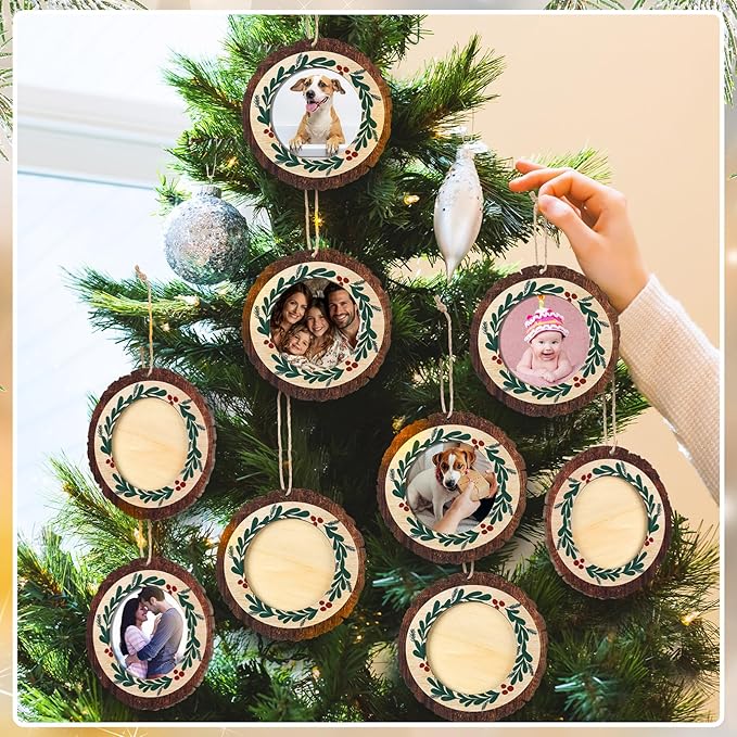 Blulu 24 Pcs Christmas Pictures Frame Ornaments Bulk Rustic Wooden Photo Ornaments Hanging Picture Frames Christmas Memories Gifts Keepsake for Tree