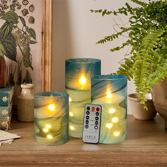 Printed Flameless Candles with String Lights - Set of 3 Battery Operated Candle Flickering Floral LED Pillar Candles with Timer Remote for Home Decor Romantic Ambiance,BG