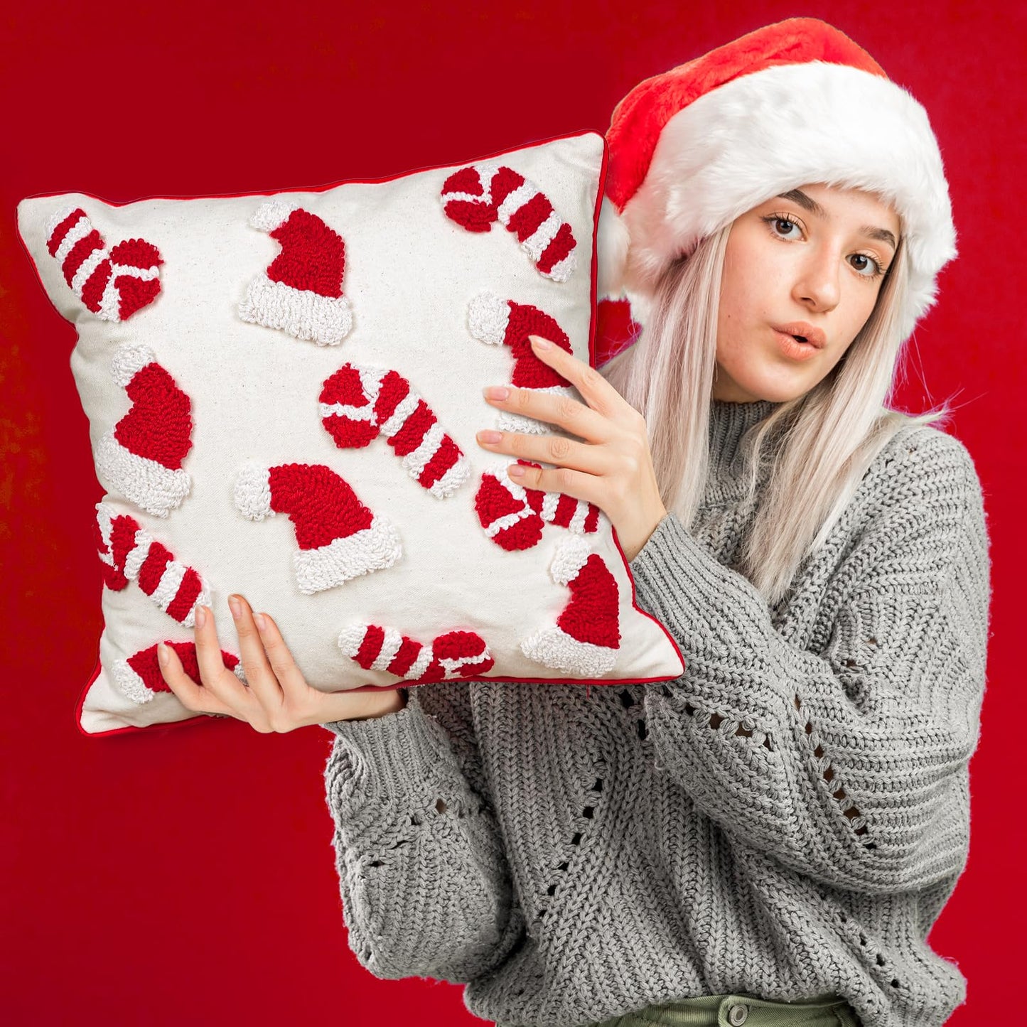 Whaline 2Pcs Christmas Tufted Throw Pillow Covers Red White Xmas Hat Candy Cane Pillow Case Winter Holiday Soft Cushion Cover for Sofa Couch Bed Home, 18 x 18 Inch