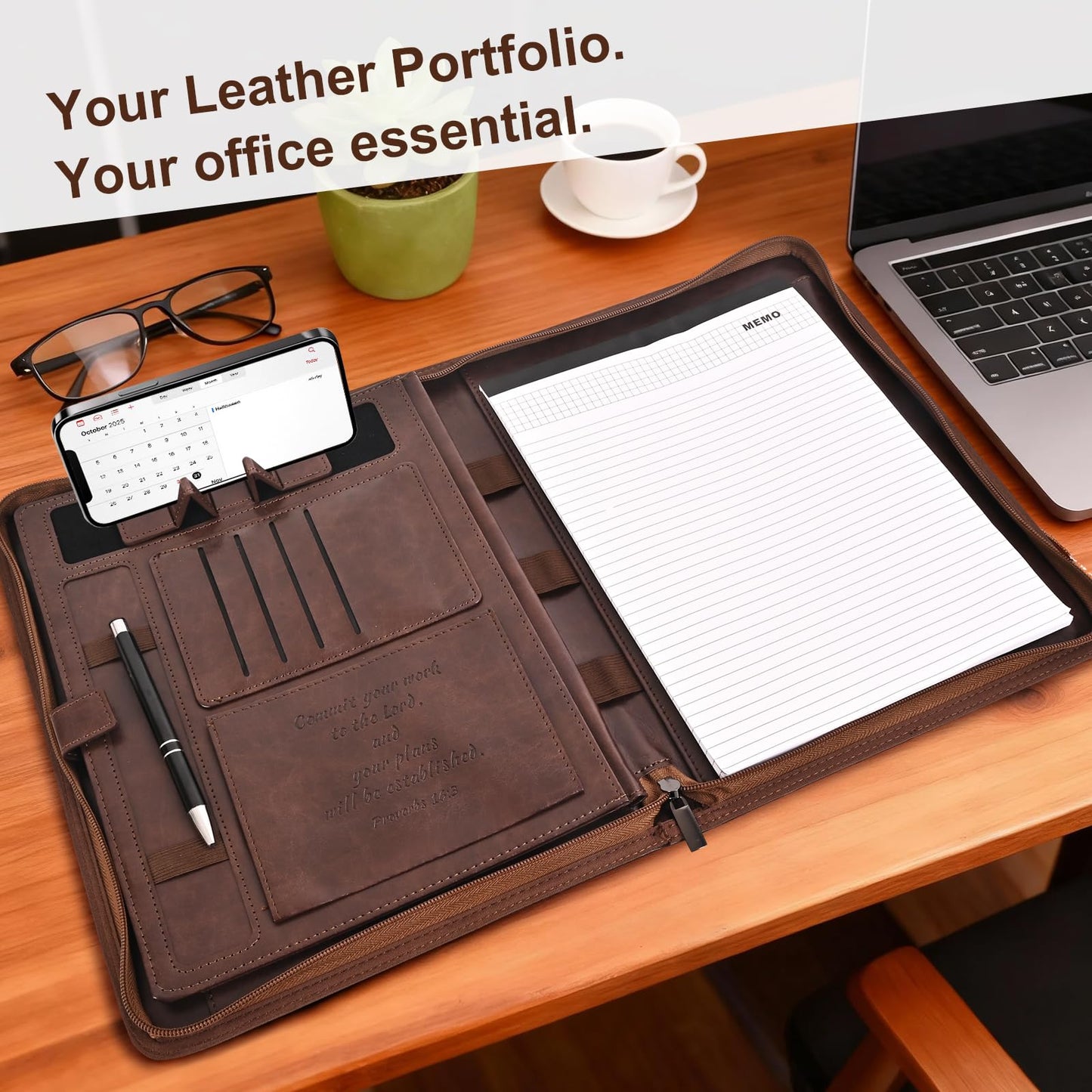 Leather Portfolio for Men, Christian Religious Gifts for Men with Laptop Pocket, Padfolio Binder Folder with Zipper for Women, Business Large Organizer Case for Bible Notebook Notepad Phone (Brown)