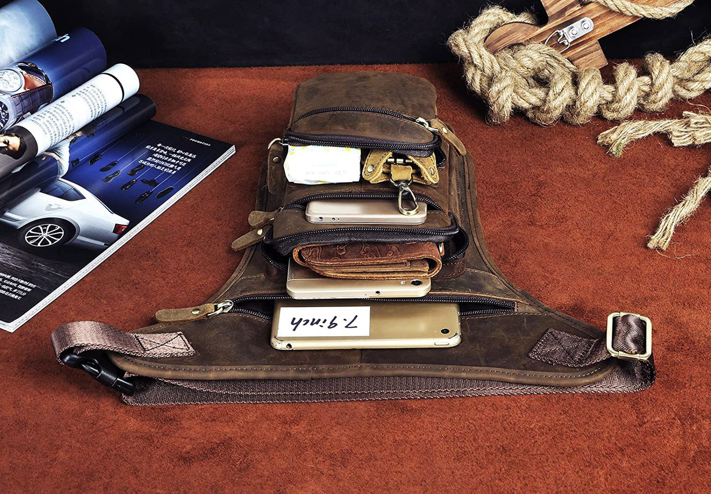 Le'aokuu Mens Genuine Leather Motorcycle Tactic Belt Waist Pack Drop Leg Cross Over Bag (3111 Brown)
