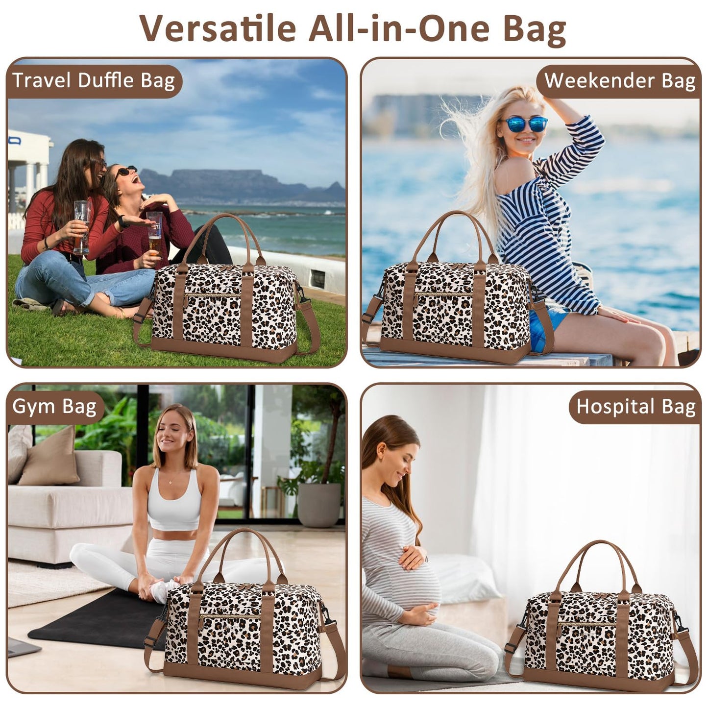 ELONGRIVER Travel Duffle Bag for Women, Weekender Bags, Hospital Bag for Labor Delivery, Lightweight Tote Duffel Overnight Bag with Luggage Sleeve, Airplane Travel Bags with Toiletry Bag,Large,Leopard