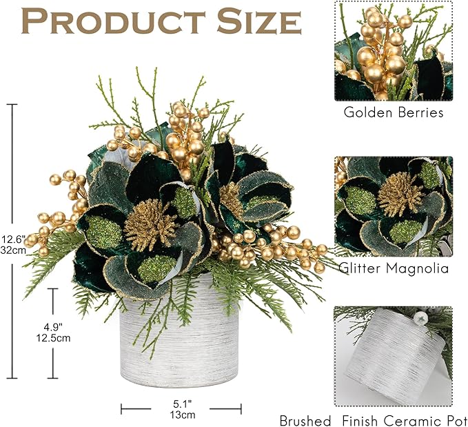 13 inch Green Christmas Table Centerpiece 5" Glitter Magnolia Flower and Berries Fir Greenery Artificial Christmas Floral Centerpiece in Ceramic Pot TableTop Christmas Table Arrangement Decoration