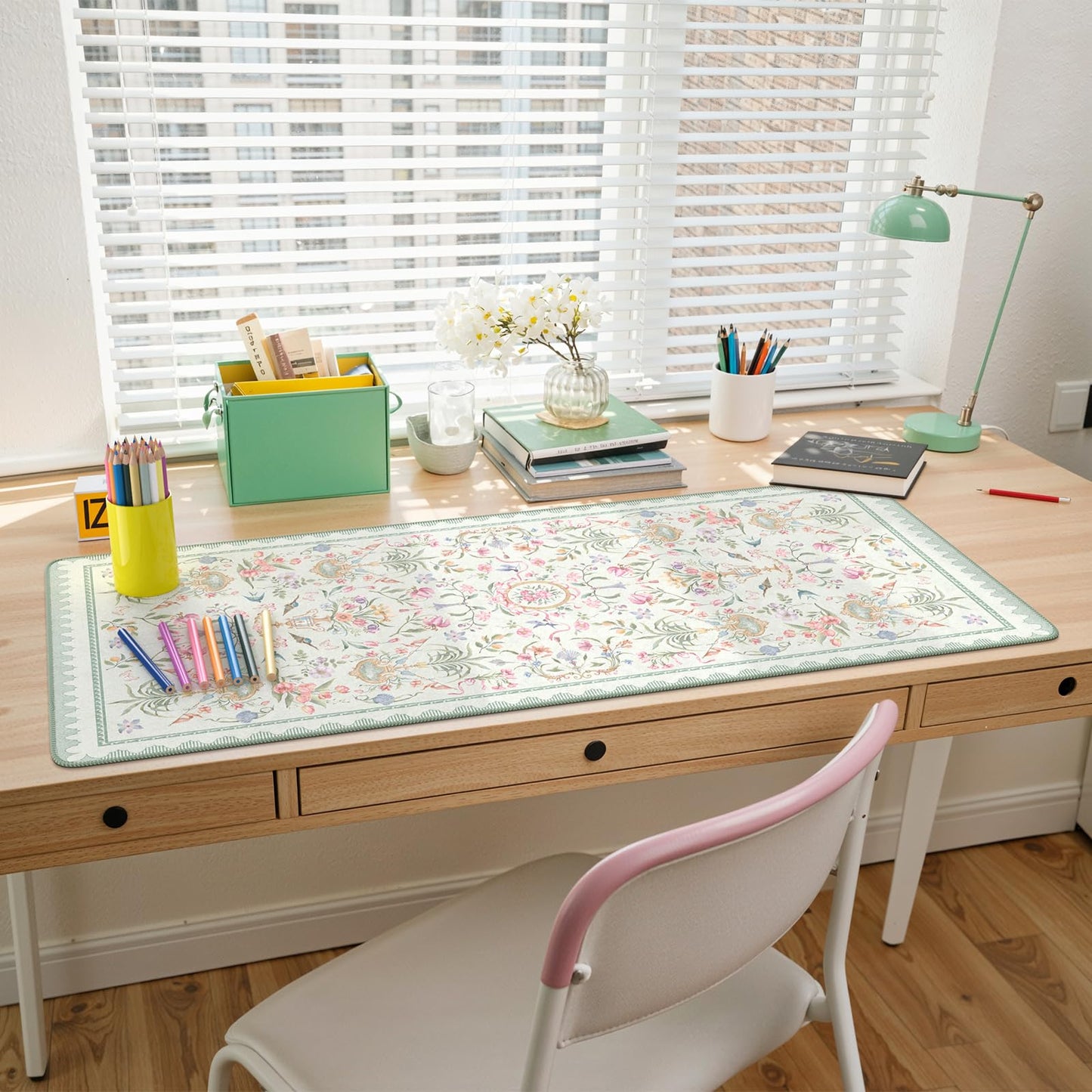HAOCOO Floral Mouse Pad, 35.4" x 15.7" Waterproof Makeup Mat, Cute Aesthetic Desk Decor Pad, Women Office Keyboard Matt with Stitched Edges, Green Desk Accessories Work for Home