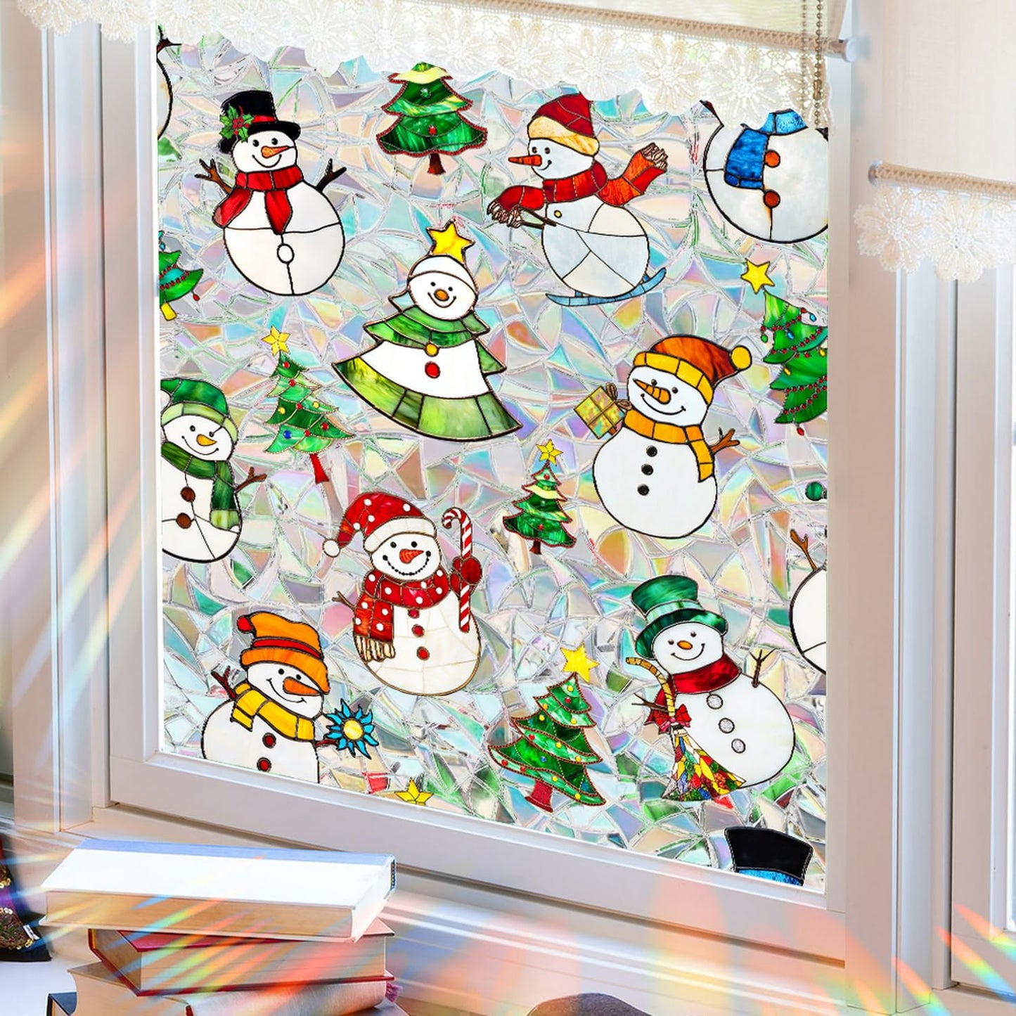 Christmas Window Privacy Film Xmas Stained Glass Decal Snowman Rainbow Windows Clings Decorative Xmas Tree Designs Window Clings Static Windows Film Stickers for Home Office Glass Decor