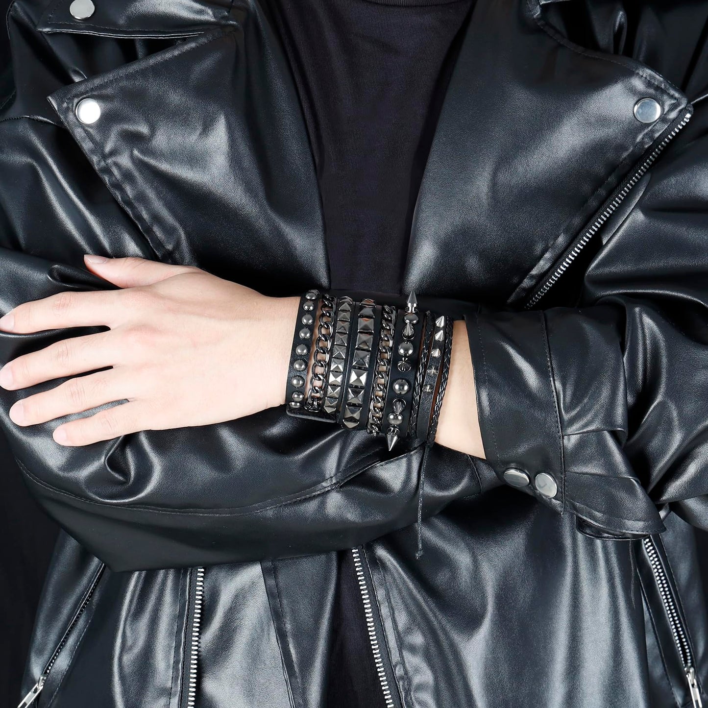 Eigso 3 Pcs Oldschool Cool Punk Steampunk Studded Spikes Rivets Vintage Leather Wide Bracelets for Men and Women with Adjustable Buckle