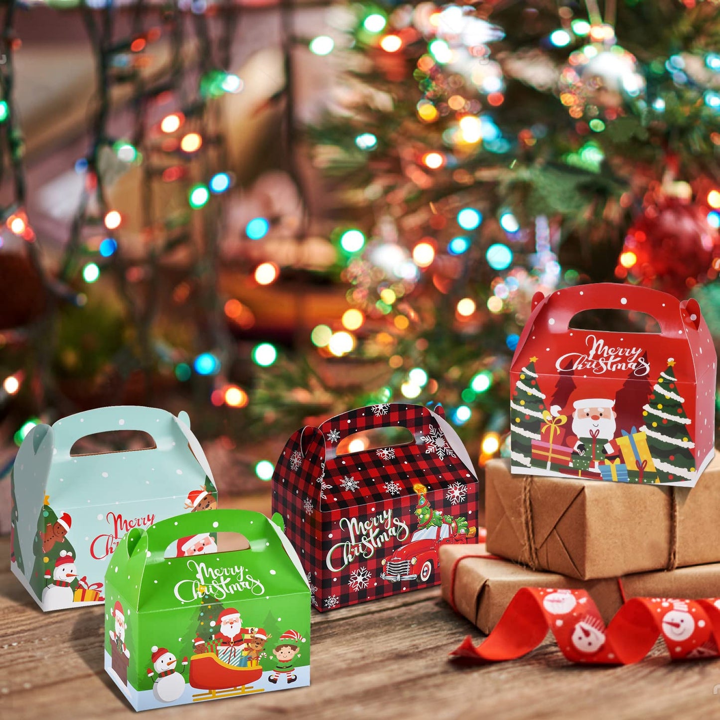 Gatherfun 24 Pieces Christmas Treat Box Candy Gable Boxes Goodie Boxes Cardboard Present Box Cookie with Handles for Christmas Party Favors, 6.2 x 3.5 x 3.5 Inches, 4 Designs