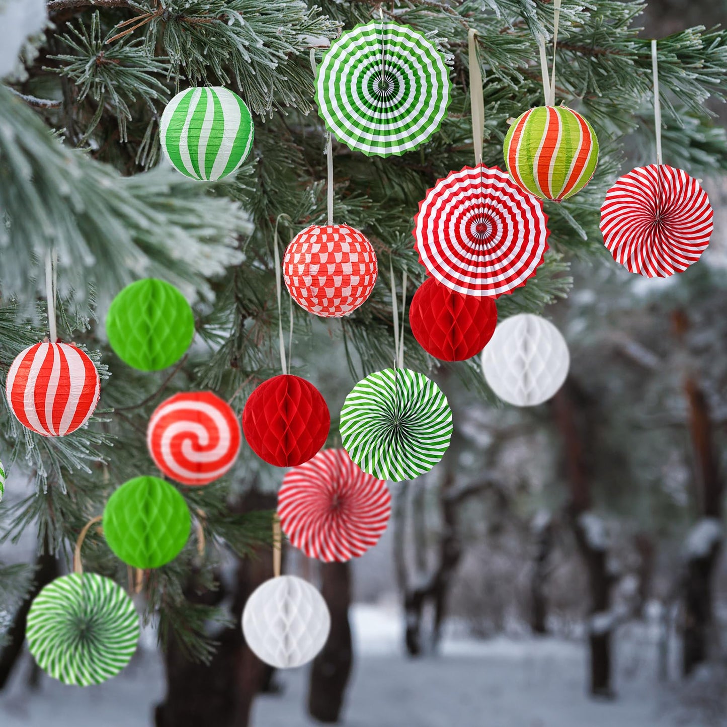 Retisee 18 Pcs Christmas Hanging Paper Lanterns Party Decorations Candy Canes Peppermint Paper Fans Xmas Hanging Honeycomb Ball Lanterns Ornaments for Christmas Winter Party Holiday Ceilings Decor