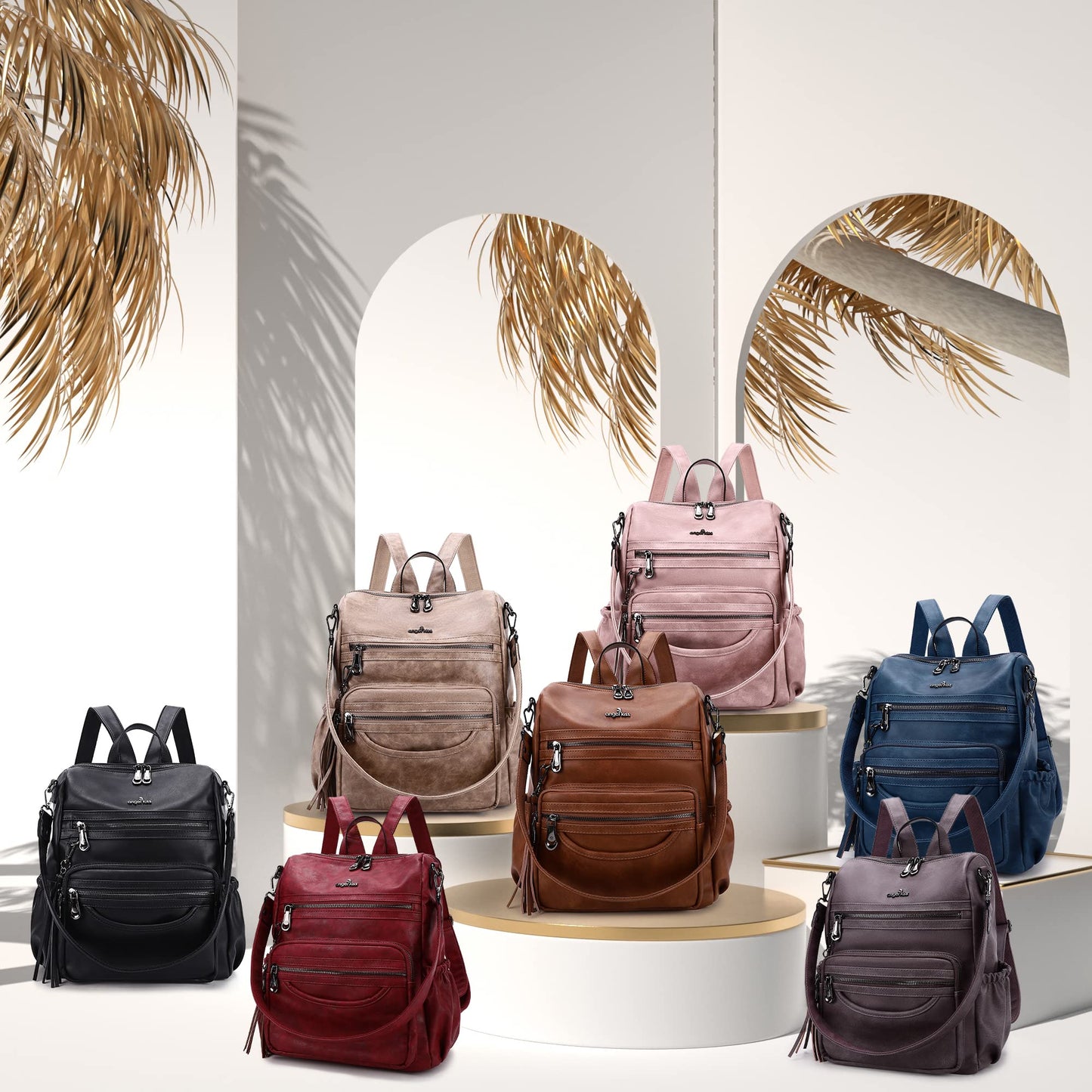 Angel Kiss Backpack Purse Women PU Leather ladies fashion shoulder bag Casual Tassel Zipper Backpacks(Taupe)