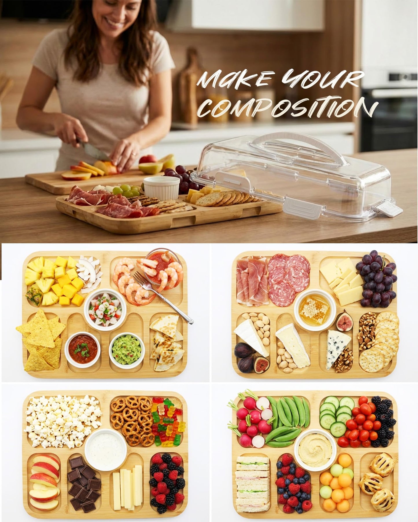 Charcuterie Board with Lid & Ice, Upgraded 6 Snap Laches, Sauce Cup Included, Large Portable Cheese Tray with Handle, Serving Tray for Picnic & Pool, House Warming Gifts New Home (White)