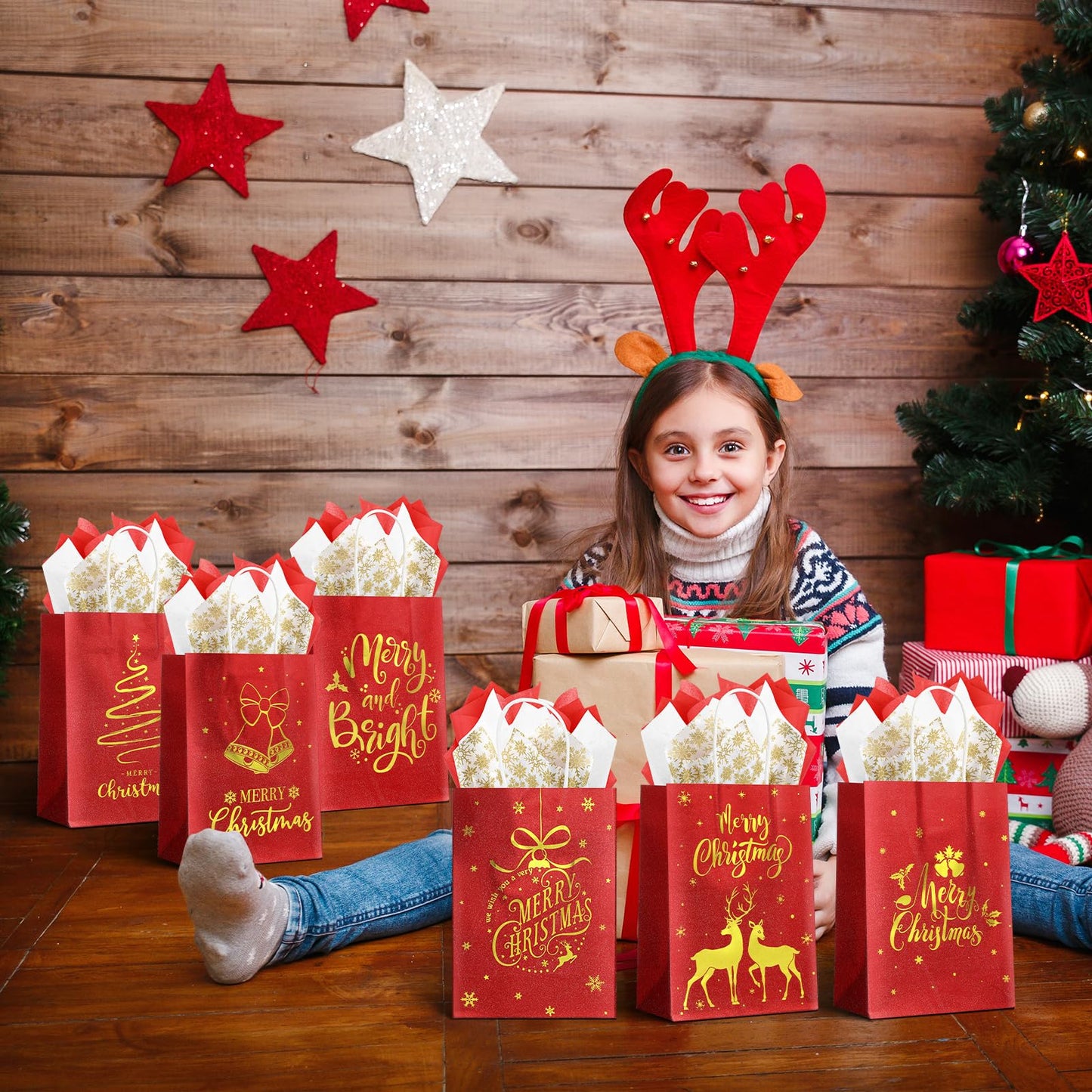 Ragnhild 48 Pcs Christmas Gift Bags, Red Glitter Christmas Bags for Gifts with Tissue Paper, 6 Styles Red and Gold Foil Paper Goodie Bag with Handles, Bulk Xmas Holiday Reusable Party Favor Treat Bag