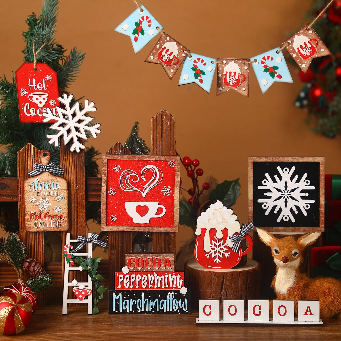 Fairysandy 14 Pcs Christmas Tiered Tray Decor Set Christmas Wooden Sign Decor Rustic Farmhouse Snowflake Cocoa Coffee Spice Blocks Winter Table Tabletop Sign for Home Xmas Shelf Coffee Bar