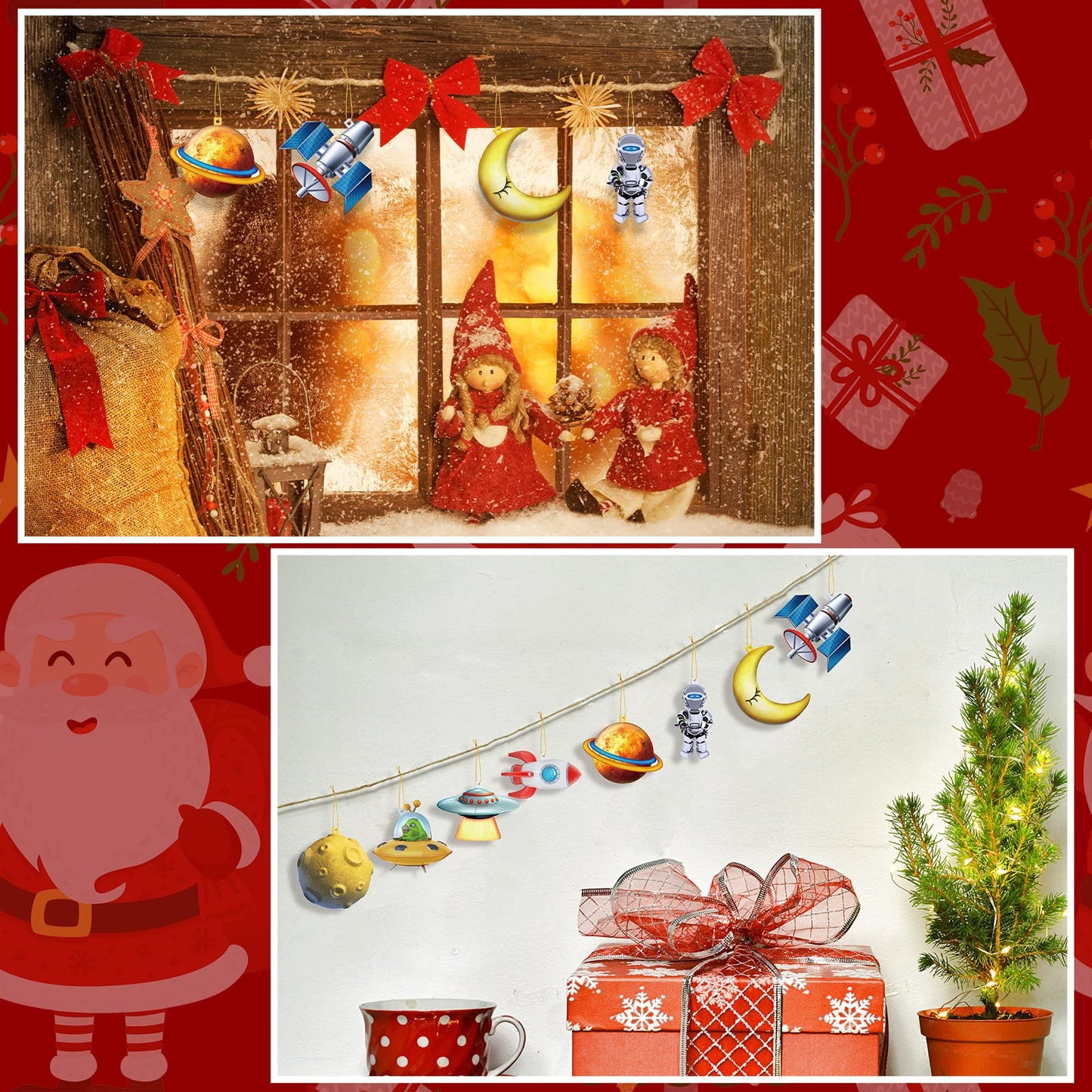 36 Pcs Space Christmas Tree Ornament Wood Christmas Space Gifts Planet Outer Astronaut Ornament Decor Wooden Hanging Xmas Spacecraft Decorations Xmas Holiday Party Supplies for Kids Rocket Ship Decor
