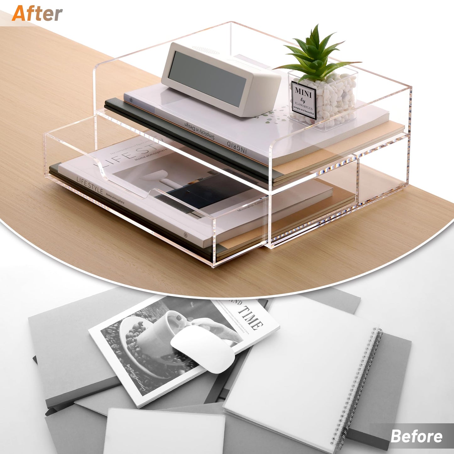 SANRUI 2-Tier Paper Letter Tray Organizer with Sliding Drawer,Stackable Desk Organizer,Acrylic Paper Tray for Office,Home or School,Clear