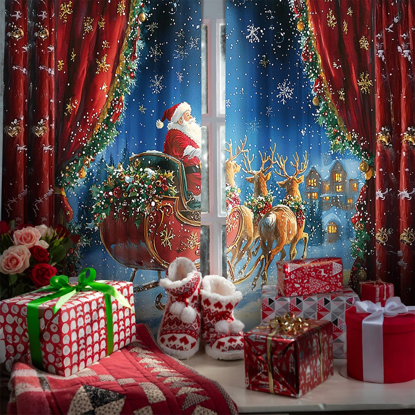 Fanfanwin Christmas Window Curtains 52" w x 84" l Santa Reindeer Curtain Farmhouse Xmas Santa Claus Sleigh Decorative Window Drapes for Holiday Living Room Bathroom Home Decoration