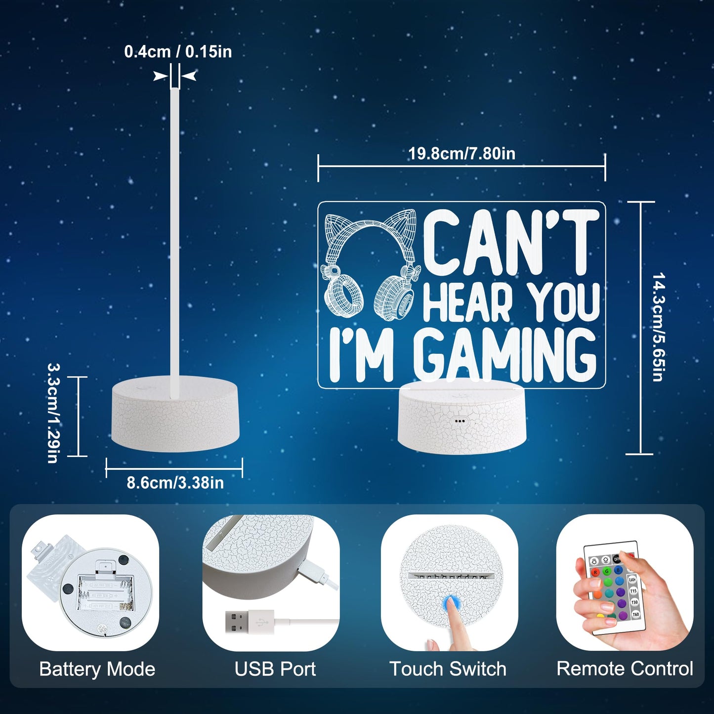 YuanDian Can't Hear You I'm Gaming Night Light, Headset Graphic Video Games Gamer Gift Funny 3D Illusion Lamp 16 Colors Changing Touch & Remote Control for Women Gamers Teenagers and Girls