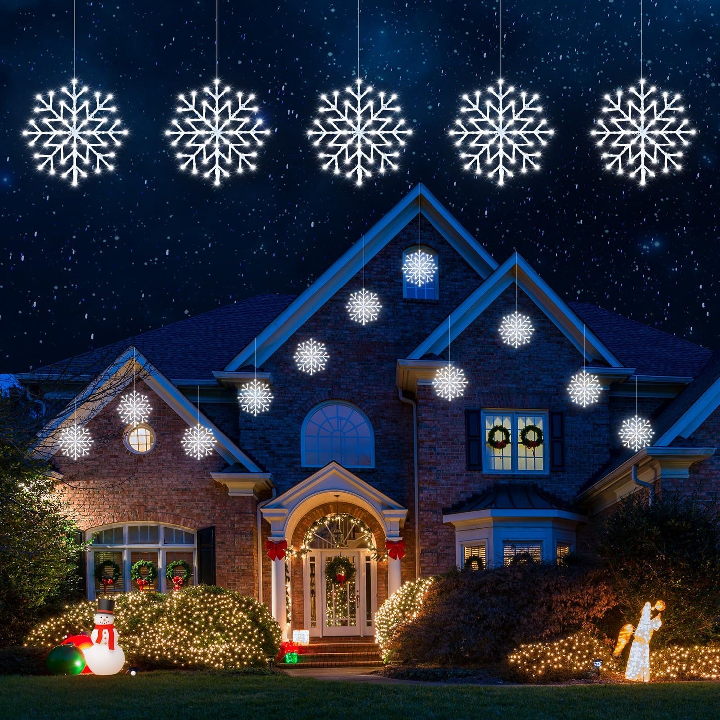 Brightown Christmas Snowflake Icicle Lights Outdoor - Plug-in 10.5ft 5 Drops 240LED Snowflake Window Light with 8 Modes, Hanging Lights for Indoor Outdoor Porch Eaves Rooftops Pergola Christmas Decor