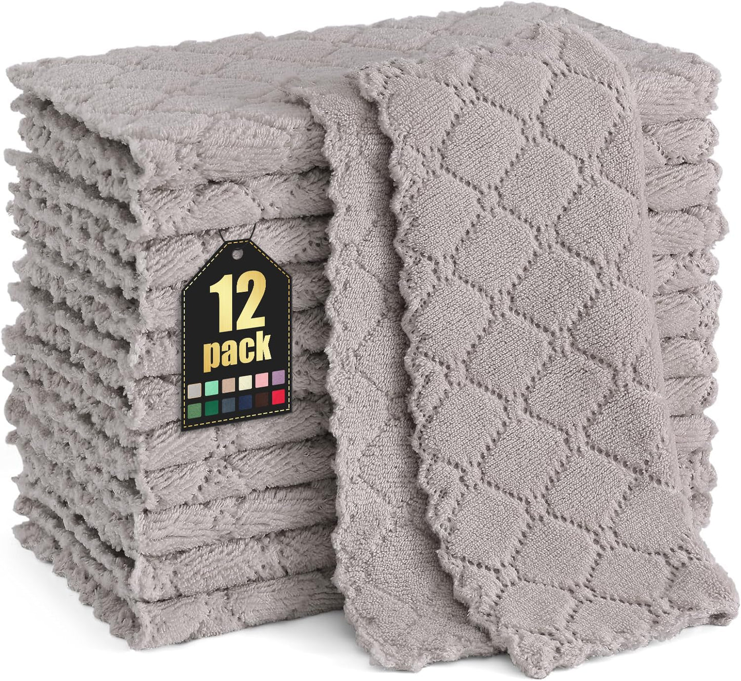 Homaxy 12 Pack Kitchen Dish Cloths (10 x 10 Inches, Grey), Super Soft and Absorbent Coral Velvet Dish Towels, Nonstick Oil Fast Drying Microfiber Cleaning Cloth, No Lint Household Dishcloths