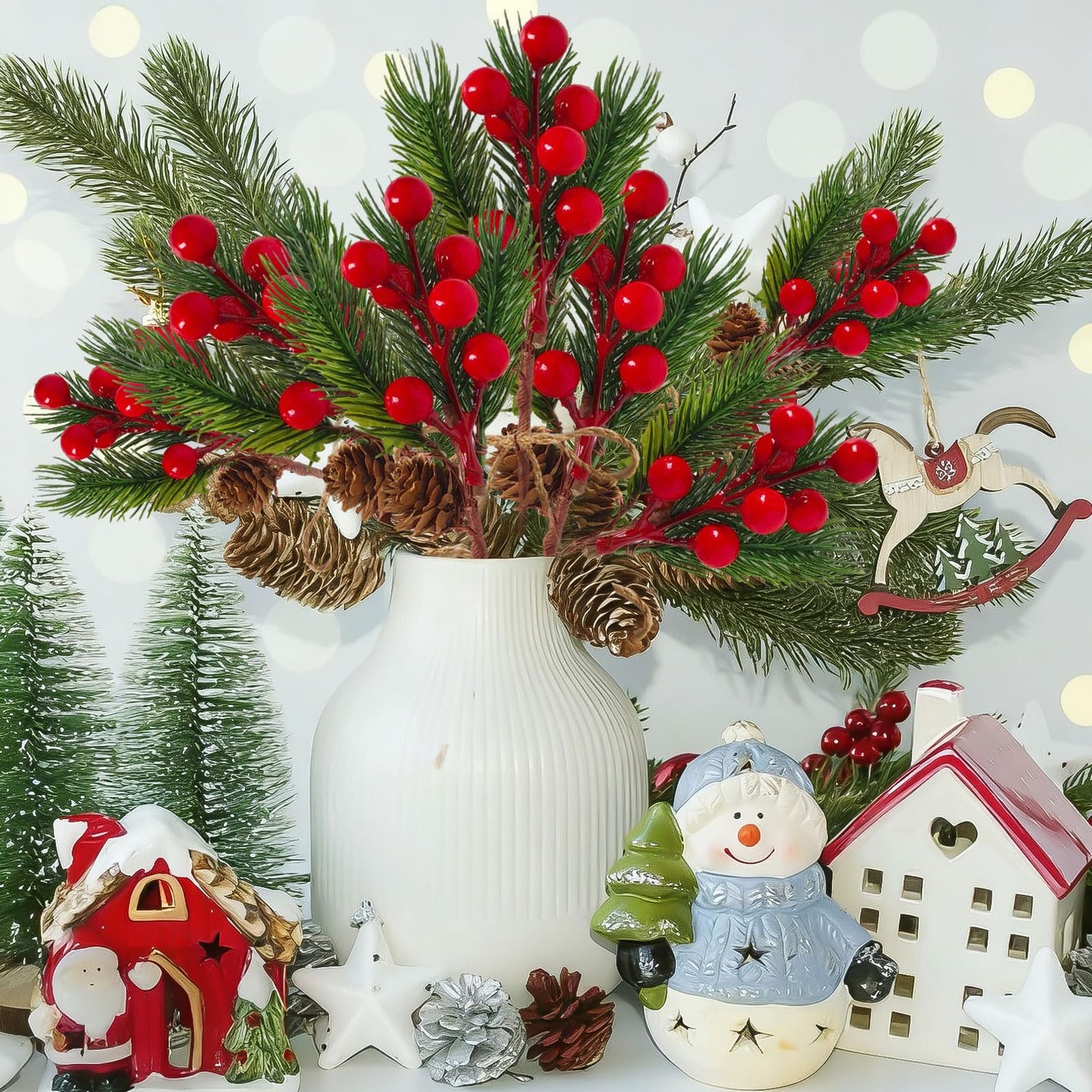 JOINCCI 25PCS Christmas Floral Picks - Artificial Greenery Stems with Pine Cones & Red Berries for DIY Xmas Wreaths, Garlands, Tree Decor, Holiday Centerpiece and Home Decor (8.66 Inch)