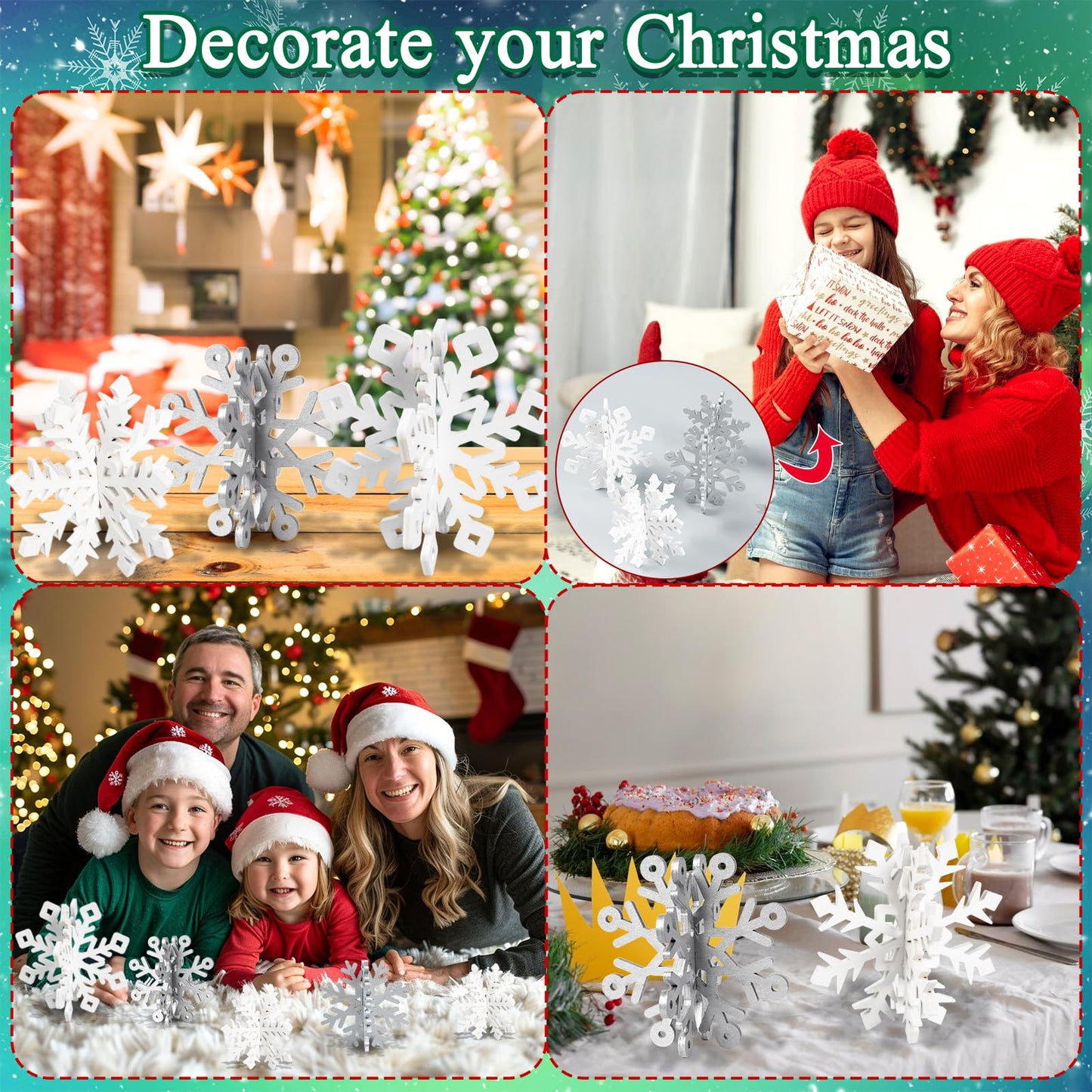 OuMuaMua 12 Set Winter Christmas Centerpiece Table Decorations - 24pcs Wooden Snowflakes Decor 3D Silver White Snowflake Tabletop Decor for Xmas Holiday Tiered Tray Winter Farmhouse Home Decor
