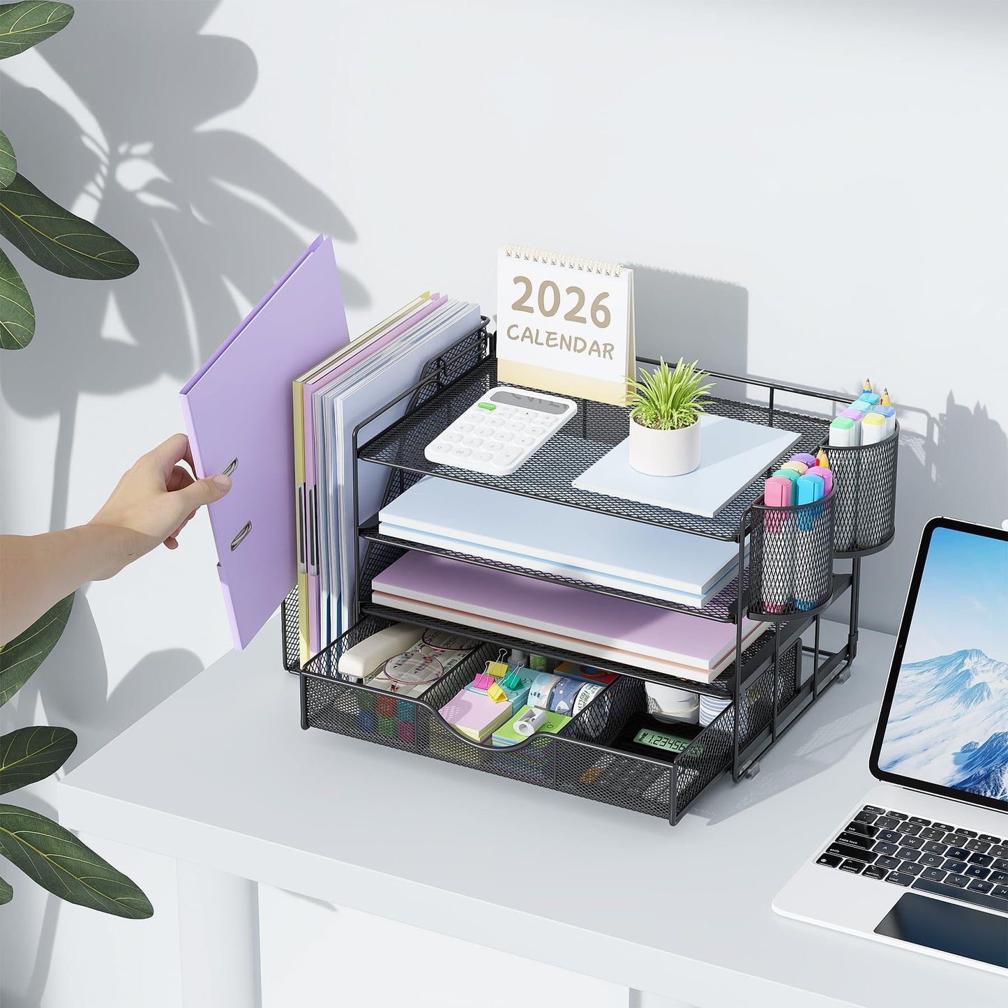 gianotter Desk Organizers and Accessories with File Holder, 4-Tier Desk Accessories & Workspace Organizers with Drawer and 2 Pen Holder, Paper Organizer for Office Supplies (Black)