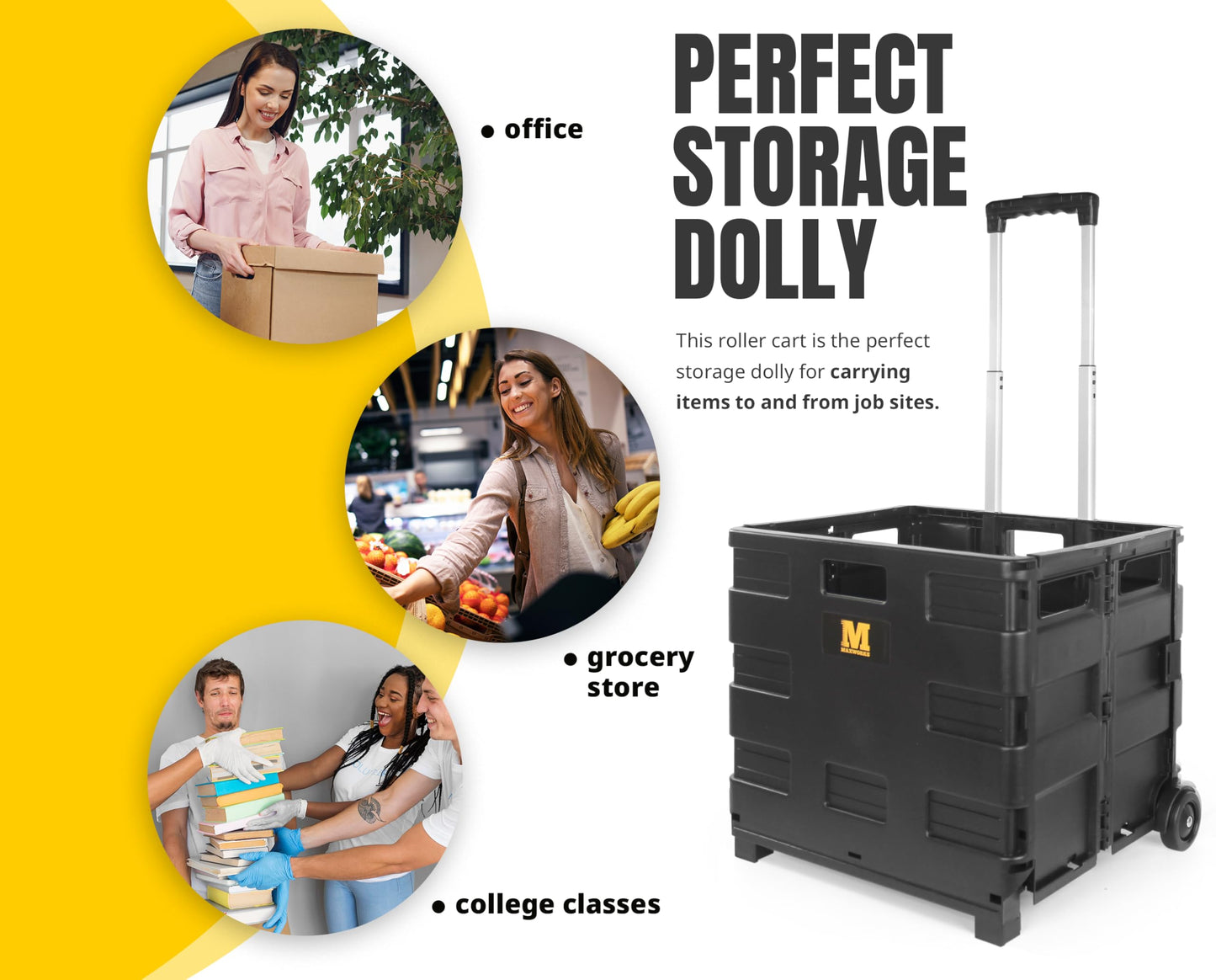 MaxWorks 51051 Collapsible Black Rolling Folding Dolly Cart for Teachers - Multi-Functional Dolly with Extra Storage Durable Wheels and Easy-to-Fold Design for Classroom Office Shopping - Without Lid