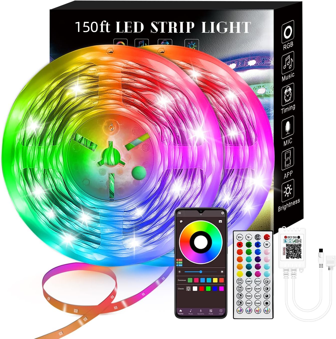 150FT Smart LED Strip Lights, RGB Strip Lights Sync to Music with 40 Key Remote Controller LED Lights for Bedroom, Christmas Lights decration (Multi-Colored, 150FT)