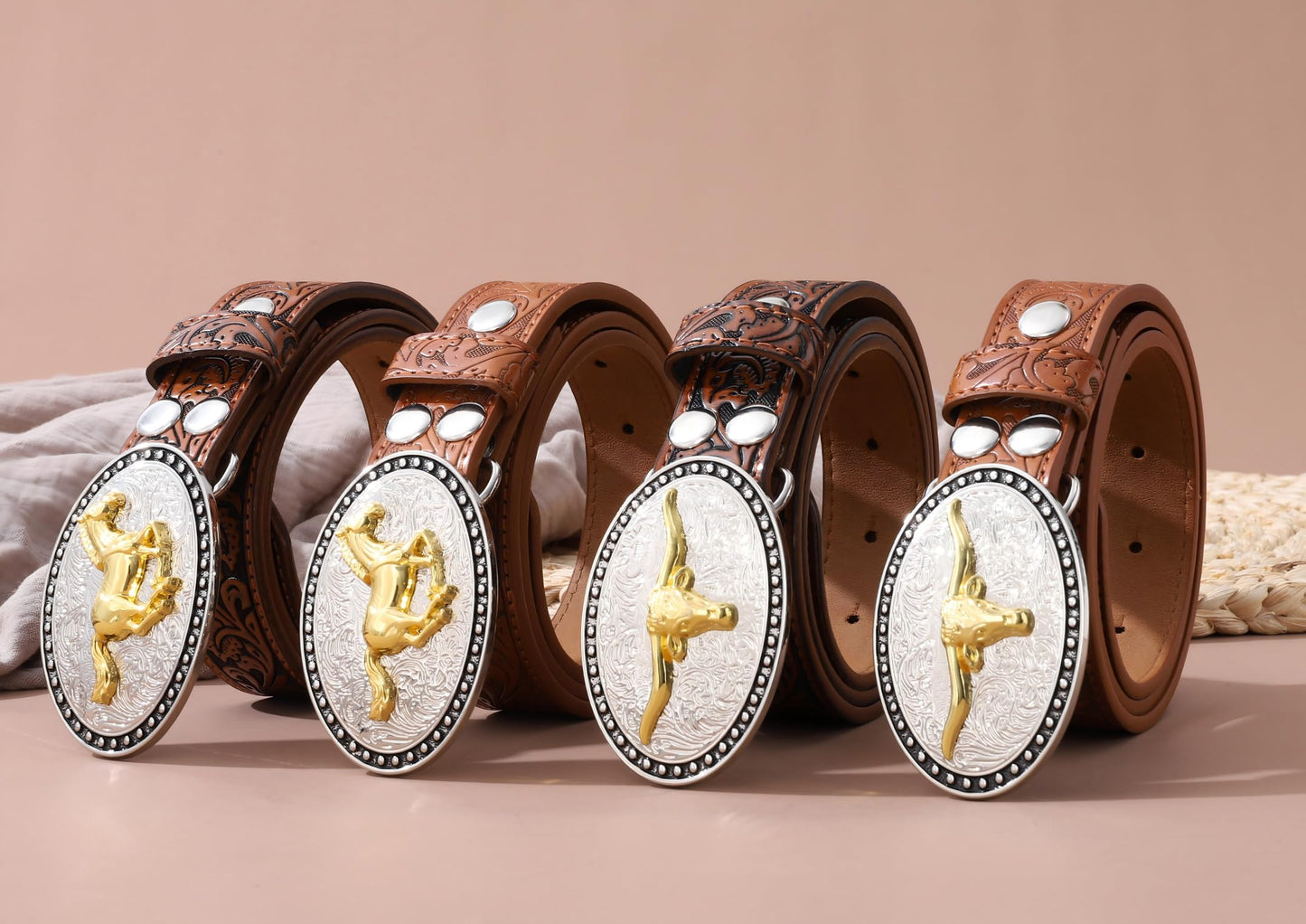 AWAYTR Kids Western Belt with Detachable Buckle - PU Leather, 3 Sizes (23"-34.5"), Adjustable for Daily Wear & Halloween (Horse Buckle-Dark Brown, Fit Waist: 30.5"-35")