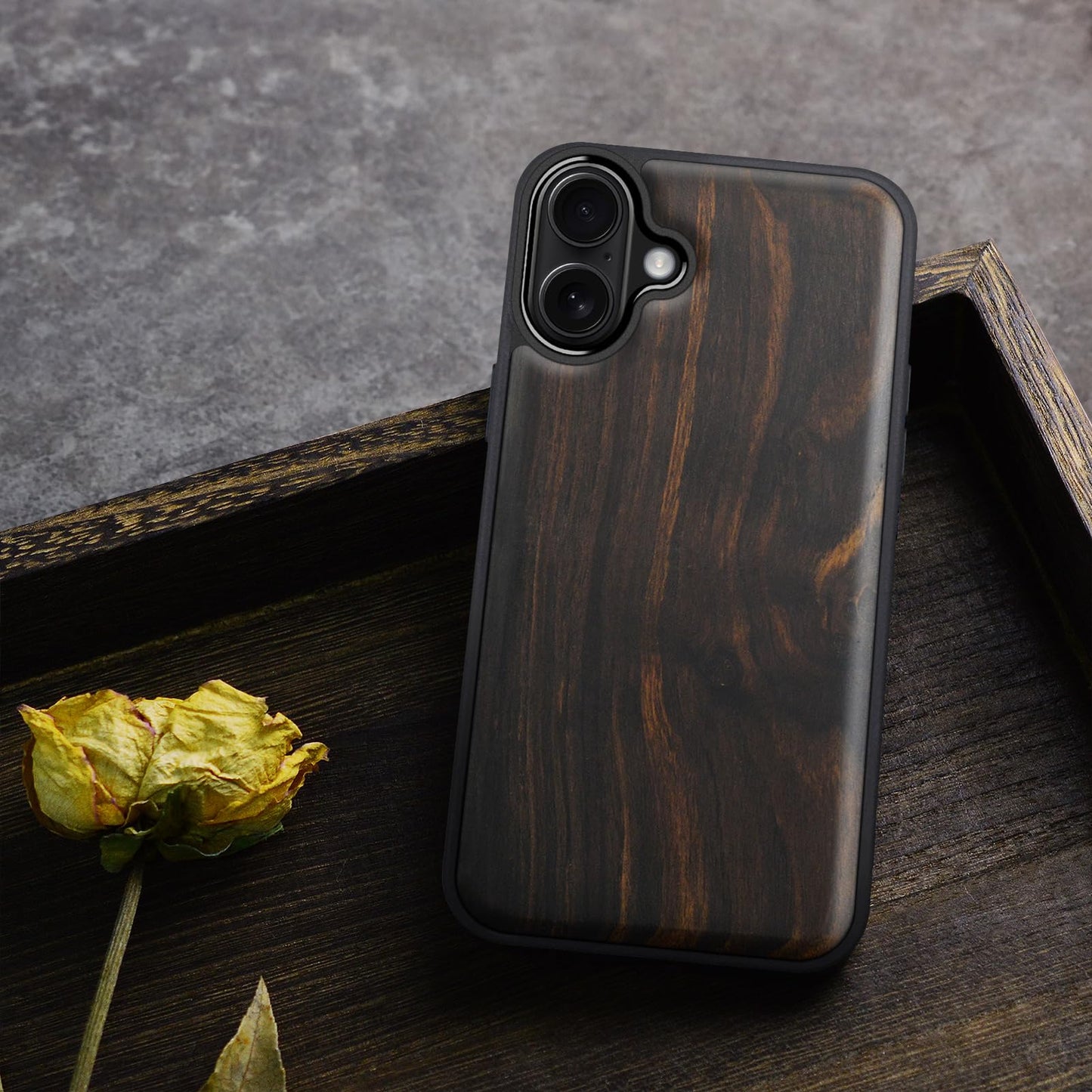 Carveit Magnetic Wooden Case for iPhone 17 Case, Wood Artisan Engraved & Black Soft TPU Shockproof Cover, Compatible with MagSafe Wireless Chargers (Natural Grain) Blackwood