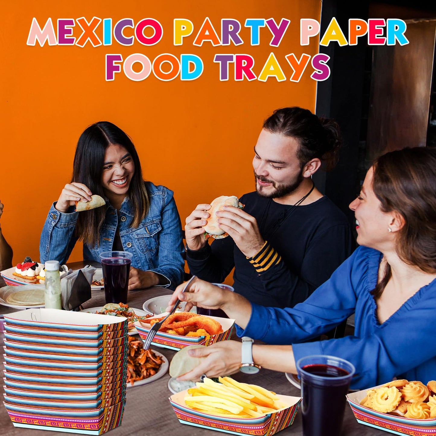 50 Pack Mexican Taco Nights Food Trays Deli Trays Nacho Popcorn Candy Snack Holder Grease Proof Containers Boats Disposable Taco Bar Serving Plates for Christmas Thanksgiving Fiesta Birthday Party