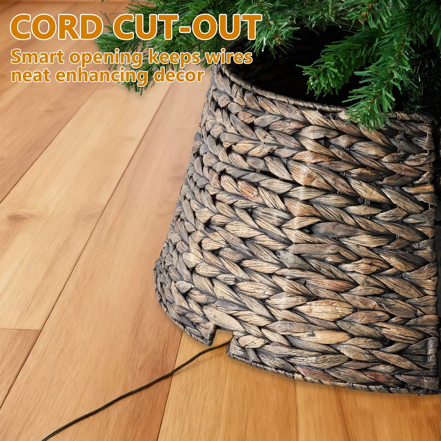Sweetcrispy 24inch Christmas Tree Collar for 4.5-6ft Trees, Woven Hyacinth Rattan 4-Panel Collar w/Cord Access Hole & Easy Lock Design, Handwoven, Black