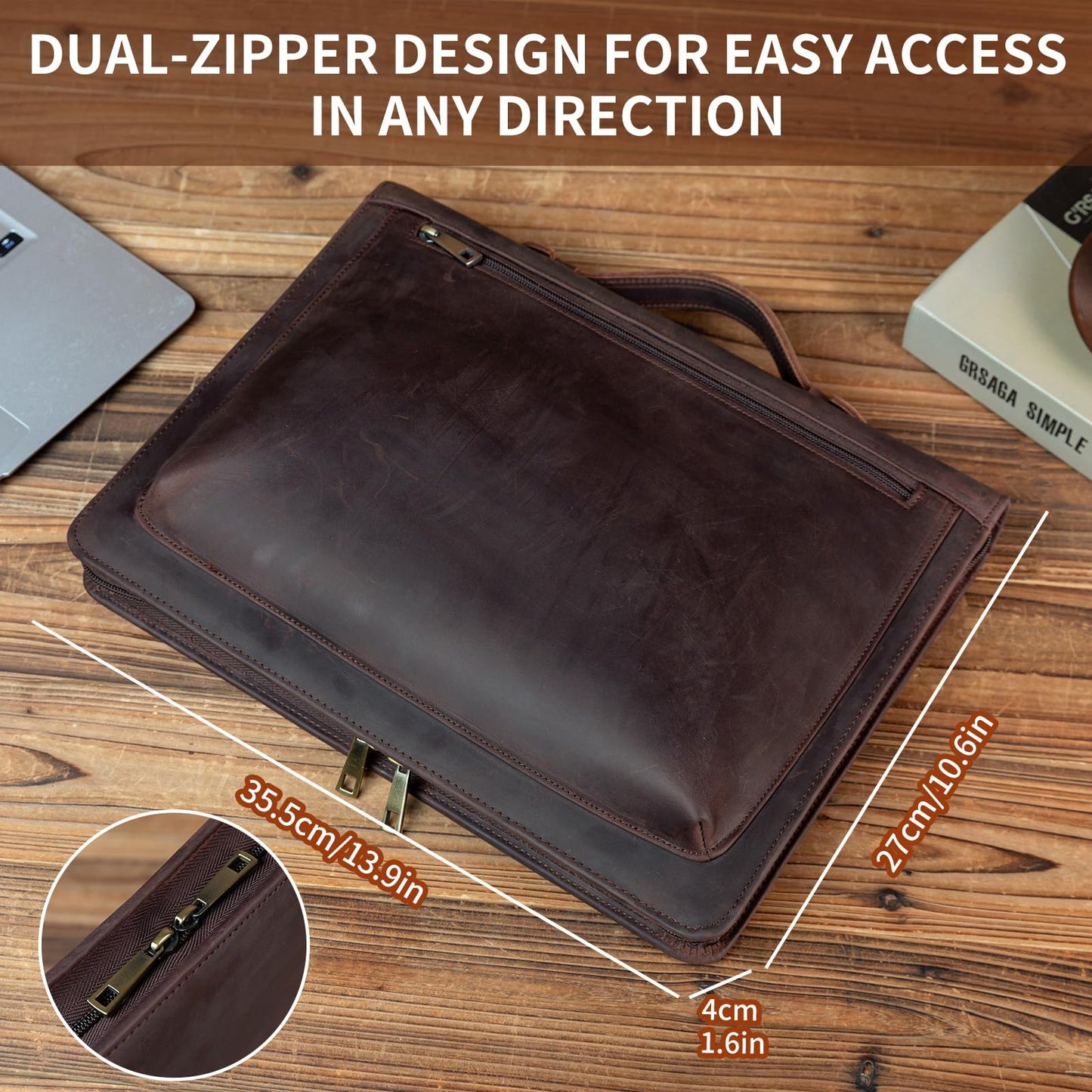 YIWEN Personalized Leather Portfolio with Handle – Zippered Front Pocket, Writing Pad Clip, Letter Size Notepad Holder, Professional Business Padfolio for Men Women (Dark Brown, Crazy Horse Leather)