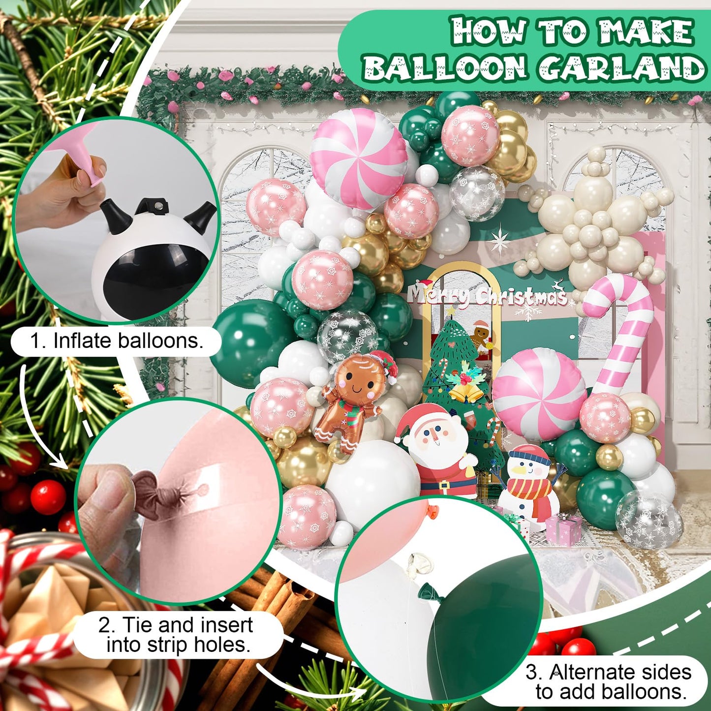 Froova Christmas Decorations Balloons Arch Kit 114Pcs Green White Apricot Transparent Snowflake Balloons Garland, Gingerbread Man Candy Cane Windmill Foil Balloon for Winter Holiday Xmas Supplies
