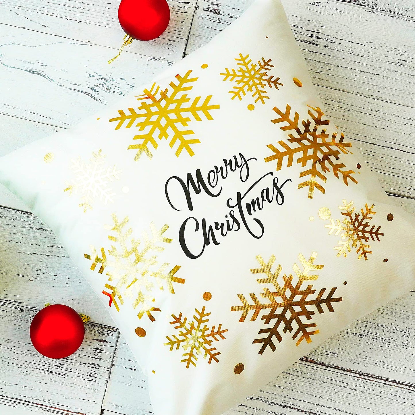 ONWAY Christmas Decorations Gold White Throw Pillow Covers 18x18 Set of 4 Snowflakes Reindeer Decorative Cushion Cases Xmas Golden Decor for Couch Sofa Bedroom