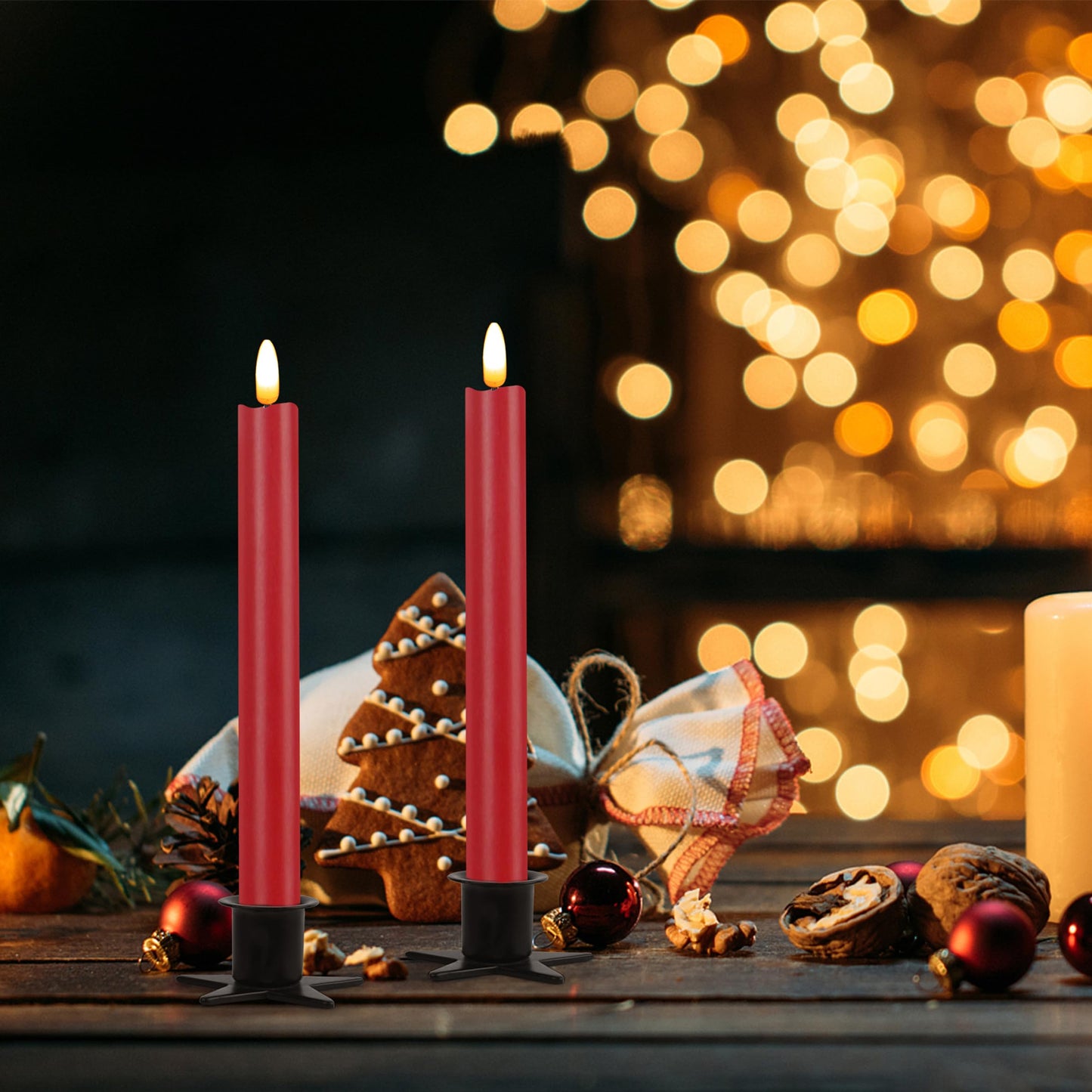 CVHOMEDECO. Real Wax Flameless Taper Candles with 10-Key Remote, Battery Operated Led Flickering 3D Wick Light Window Candles Home Christmas Party Decor 0.78 x 10 Inch, Pack of 2, Red
