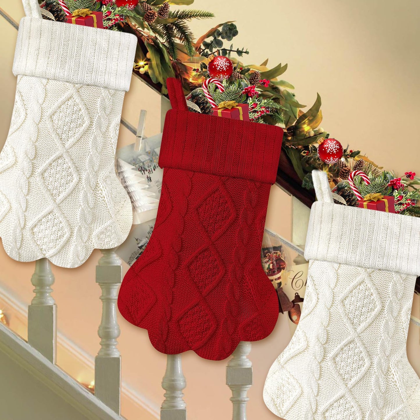 Malier Christmas Stocking for Dogs Cats, Knit White Dog Christmas Stocking, Paw Shape Pet Christmas Stocking Large Cat Stockings Hanging Stocking for Dogs Cats Pets (White)
