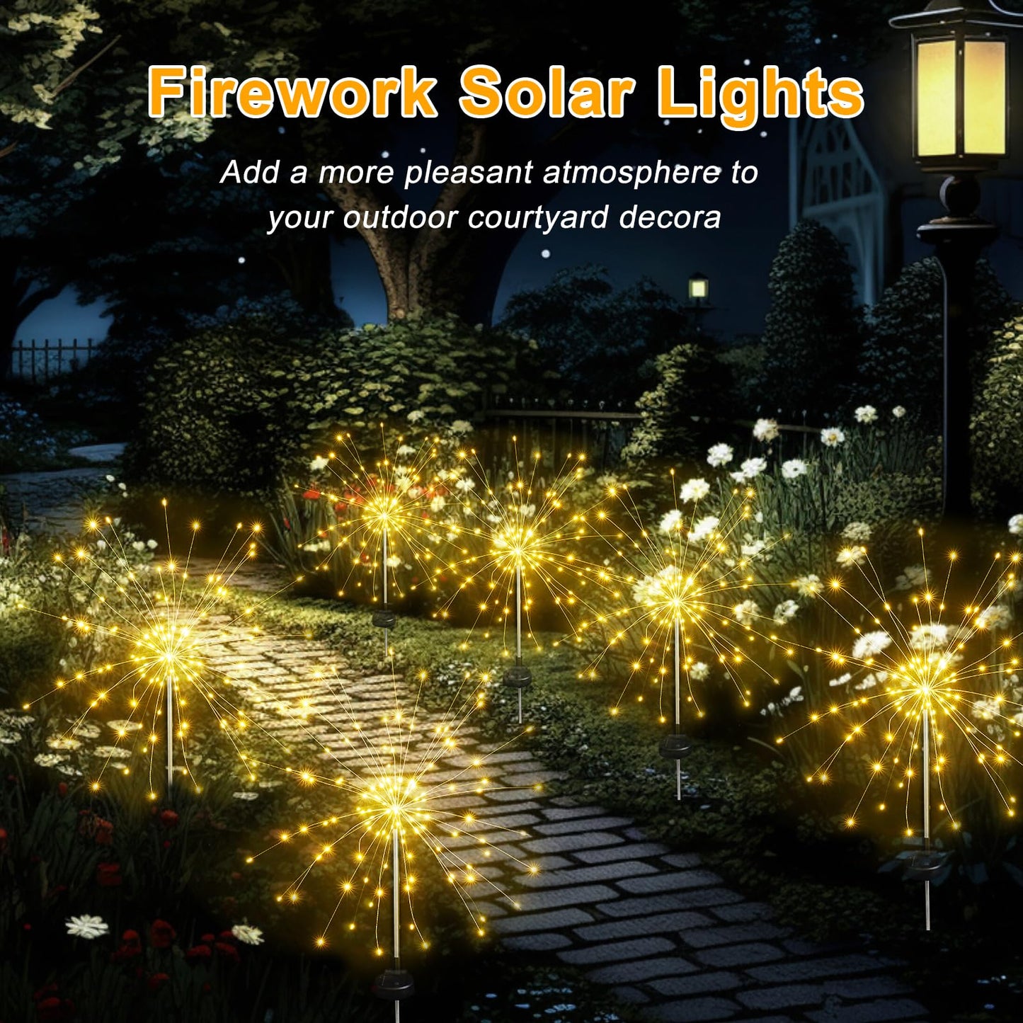Aureate Horizon Solar Garden Firework Lights Outdoor Waterproof, 2 Pack Solar Lighting with 8 Lighting Modes, 120 LED Sparklers String Lights for Outside Decor Yard Pathway Decorations(Warm)