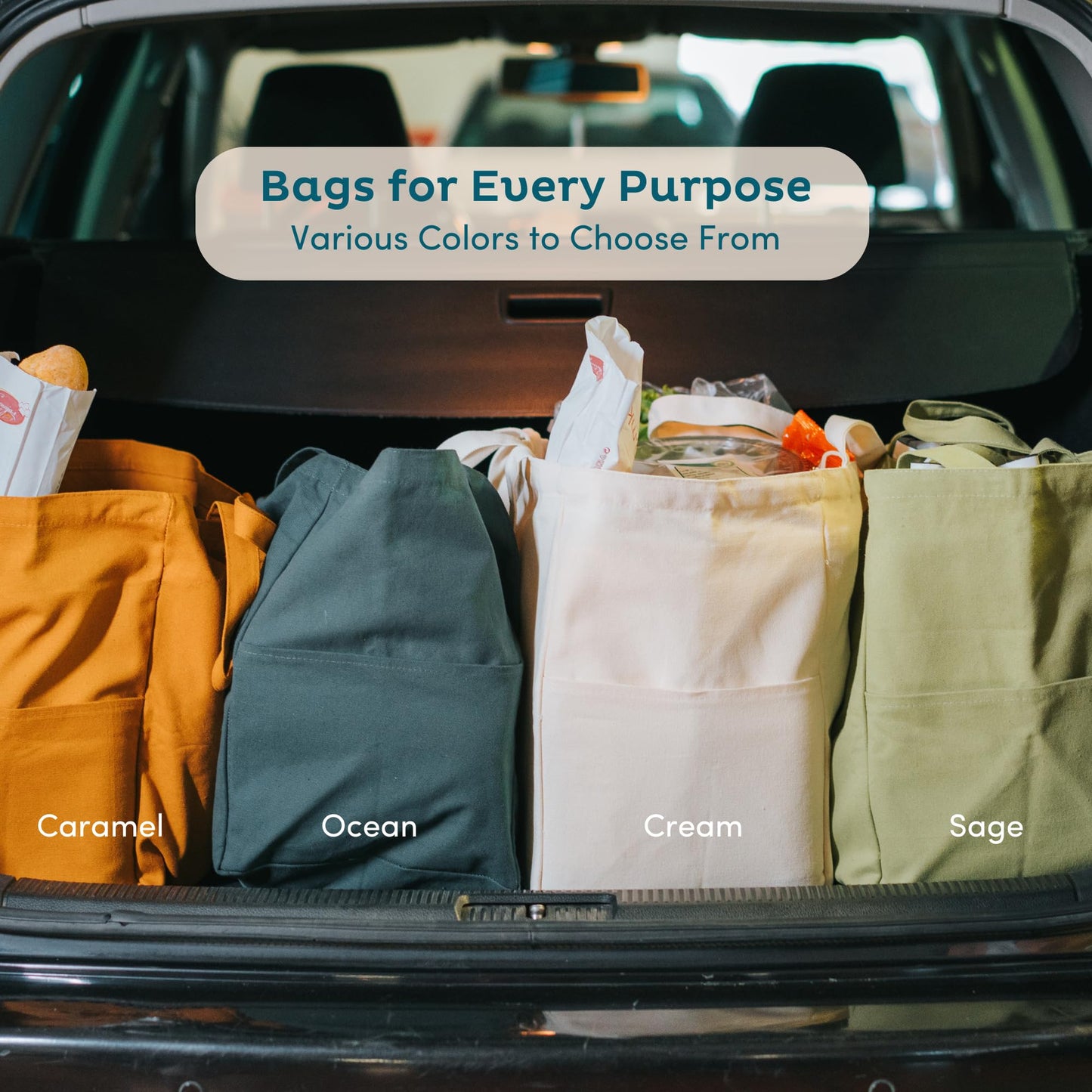 Nook Theory 3-Pack Reusable Grocery Bags - Heavy Duty, Large 12 Oz Cotton Canvas Reusable Shopping Bags With Pockets, 100% Cotton Cloth Grocery Totes, Foldable Multi Compartment (Ocean)