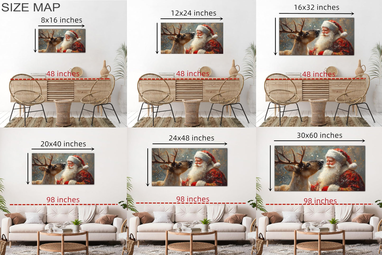 GUTTATY Christmas Canvas Wall Art, Santa and Reindeer Winter Scene, Holiday Canvas Wall Decor, Festive Snowy Wall Paintings, Christmas Poster Print for Living Room, Office, Indoor Party, 32x16 Inch