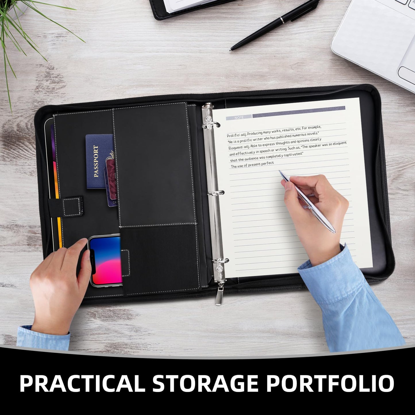 Antner Zipper Portfolio Binder Padfolio 3 Ring Binder 1 Inch Professional Faux Leather Document Organizer Folio for Tablet, Phone, and 8.5x11 Documents, Resumes, Presentation Folders for Men & Women