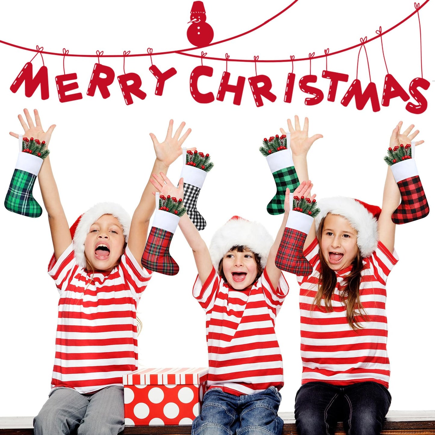 Skylety 24 Pcs Mini Christmas Stockings 8.27 Inch Small Buffalo Plaid Red Black Stockings Hanging Ornament Classic Bulk Christmas for Family Holiday Party Gift Xmas Tree Decoration