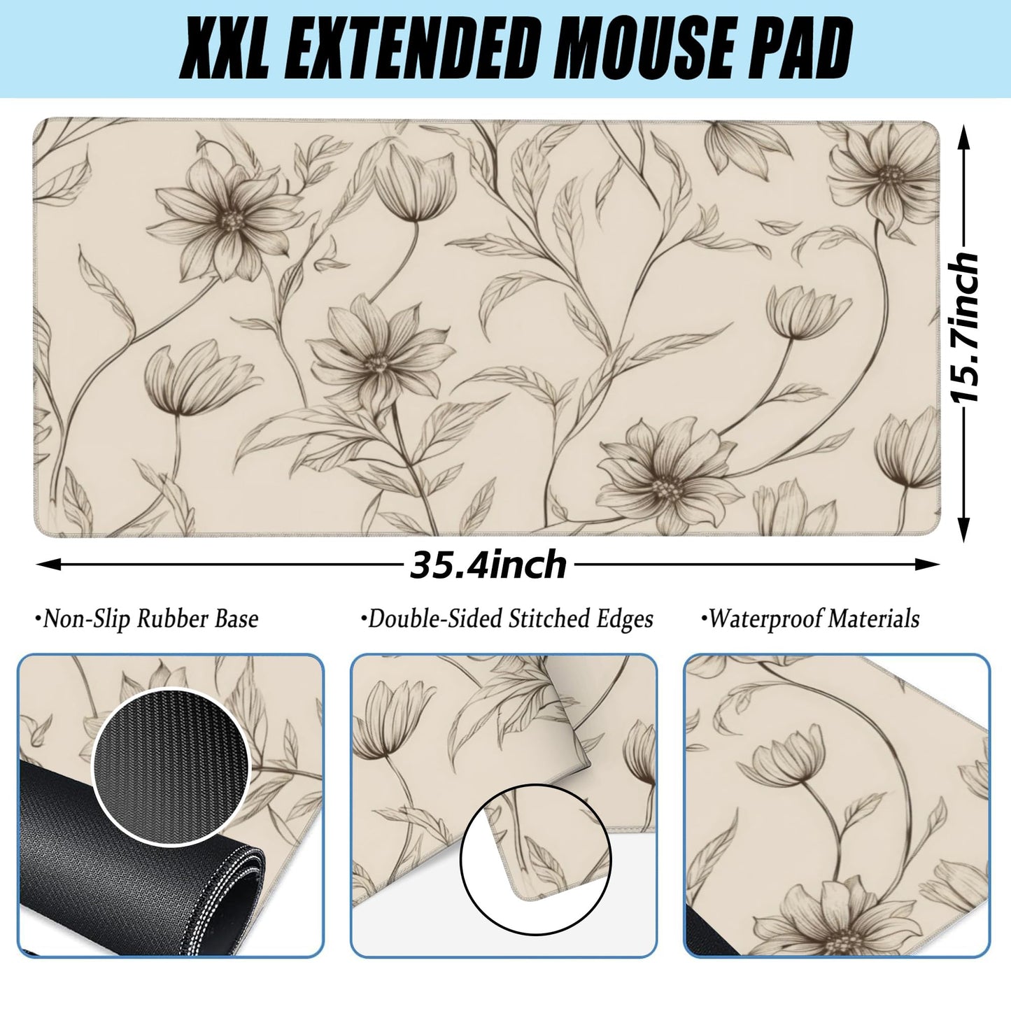 XXL Mouse Pad,Minimalist Flowers Large Gaming Mouse Pad,Abstract line Floral Desk Mat for Desktop,Extended Big Computer Keyboard Desk Pad with Non-Slip Base and Stitched Edges 35.4"x15.7"